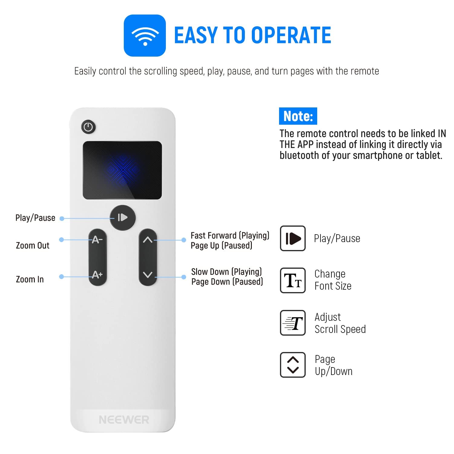 **EASY TO OPERATE**

Easily control the scrolling speed, play, pause, and turn pages with the remote

**Note:**
The remote control needs to be linked IN THE APP instead of linking it directly via bluetooth of your smartphone or tablet.

- Play/Pause
- Zoom Out (A-)
- Fast Forward (Playing) / Page Up (Paused)
- Zoom In (A+)
- Slow Down (Playing) / Page Down (Paused)
- Change TT Font Size
- Adjust Scroll Speed
- Page Up/Down

NEEWER