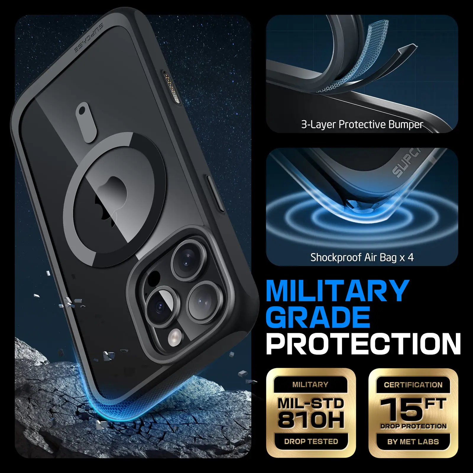 SUPCASE 3-Layer Protective Bumper SUPC Shockproof Air Bag x 4 MILITARY GRADE PROTECTION MIL-STD 810H DROP TESTED CERTIFICATION 15 FT DROP PROTECTION BY MET LABS