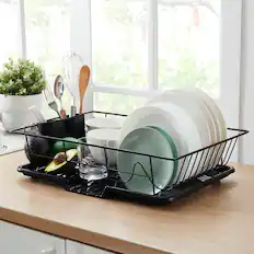 Front. Sweet Home Collection - Steel 3-Piece Large Countertop Dish Drainer with Drain Board & Utensil Holder - Black.