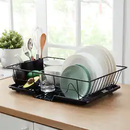Sweet Home Collection - Steel 3-Piece Large Countertop Dish Drainer with Drain Board & Utensil Holder - Black