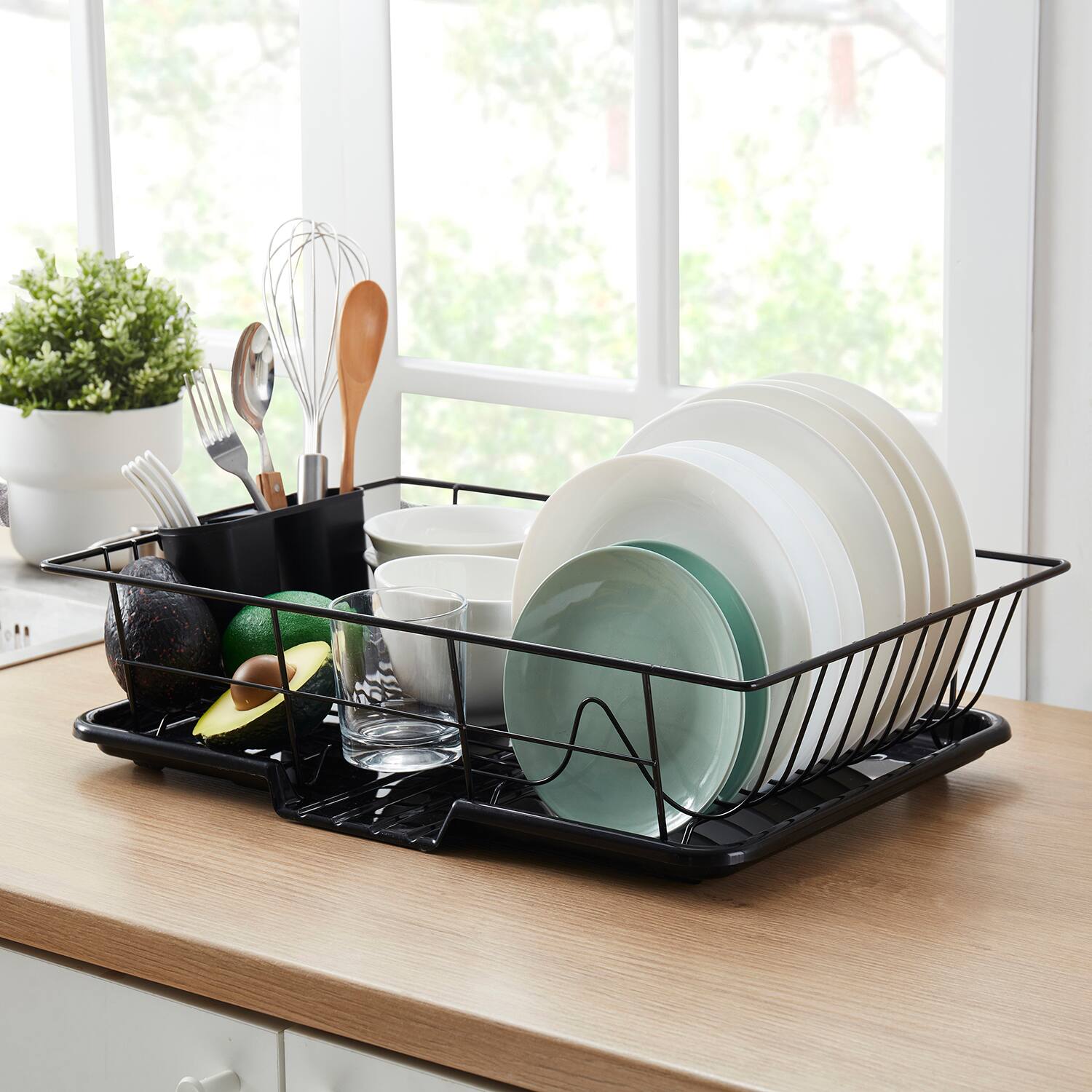 Sweet Home Collection - Steel 3-Piece Large Countertop Dish Drainer with Drain Board & Utensil Holder - Black