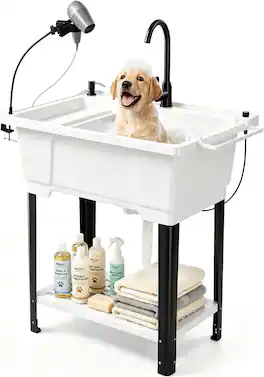 Winado - Freestanding Utility Sink with Stainless Steel Faucet, Hair Dryer Stand, Soap Dispenser, Towel Holder for Garage Garden - White