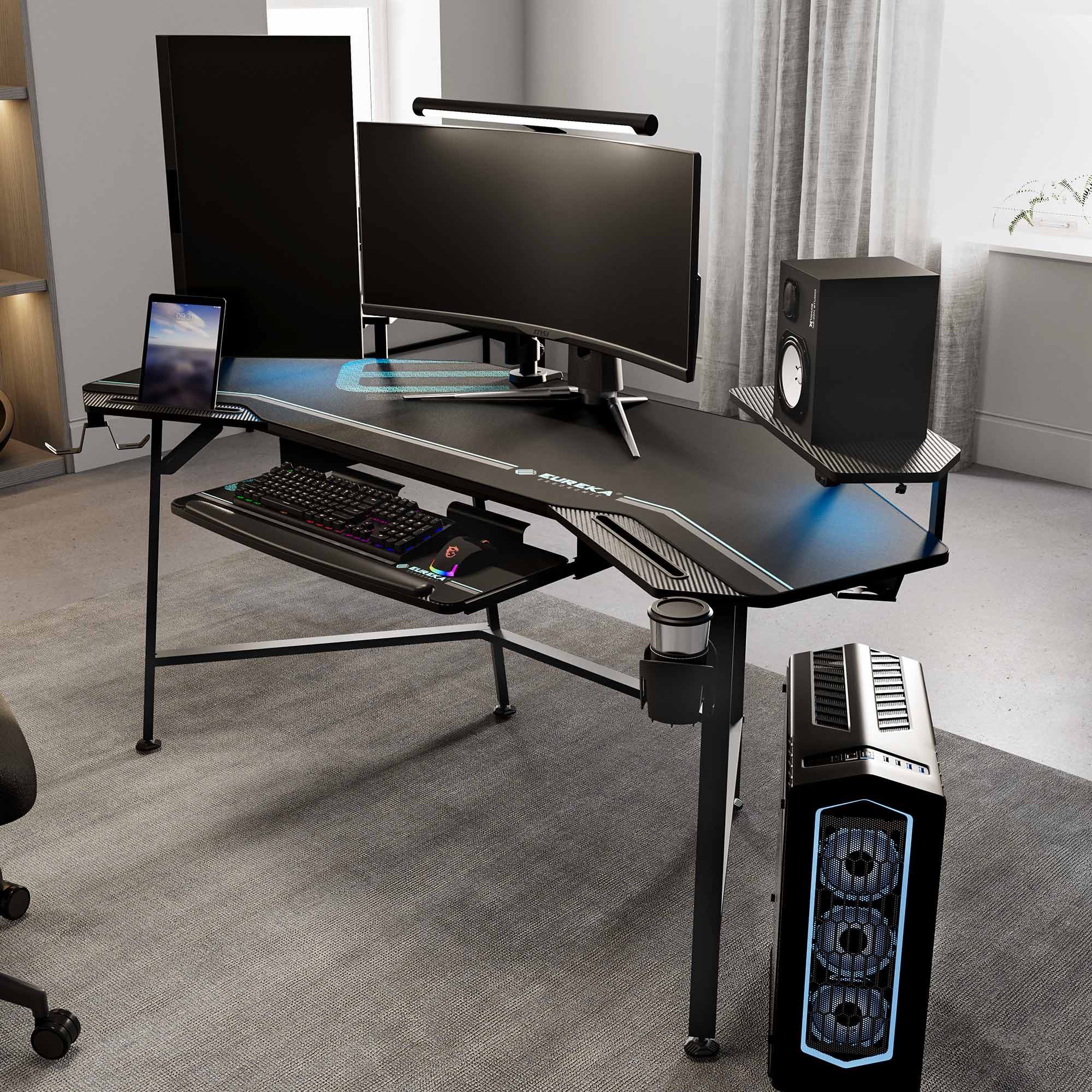 Angle. Eureka Ergonomic - 72" Wing-Shaped Gaming Desk with Keyboard Tray, Dual RGB Monitor Shelves & Headphone Hooks for Recording Live Streaming - Black.
