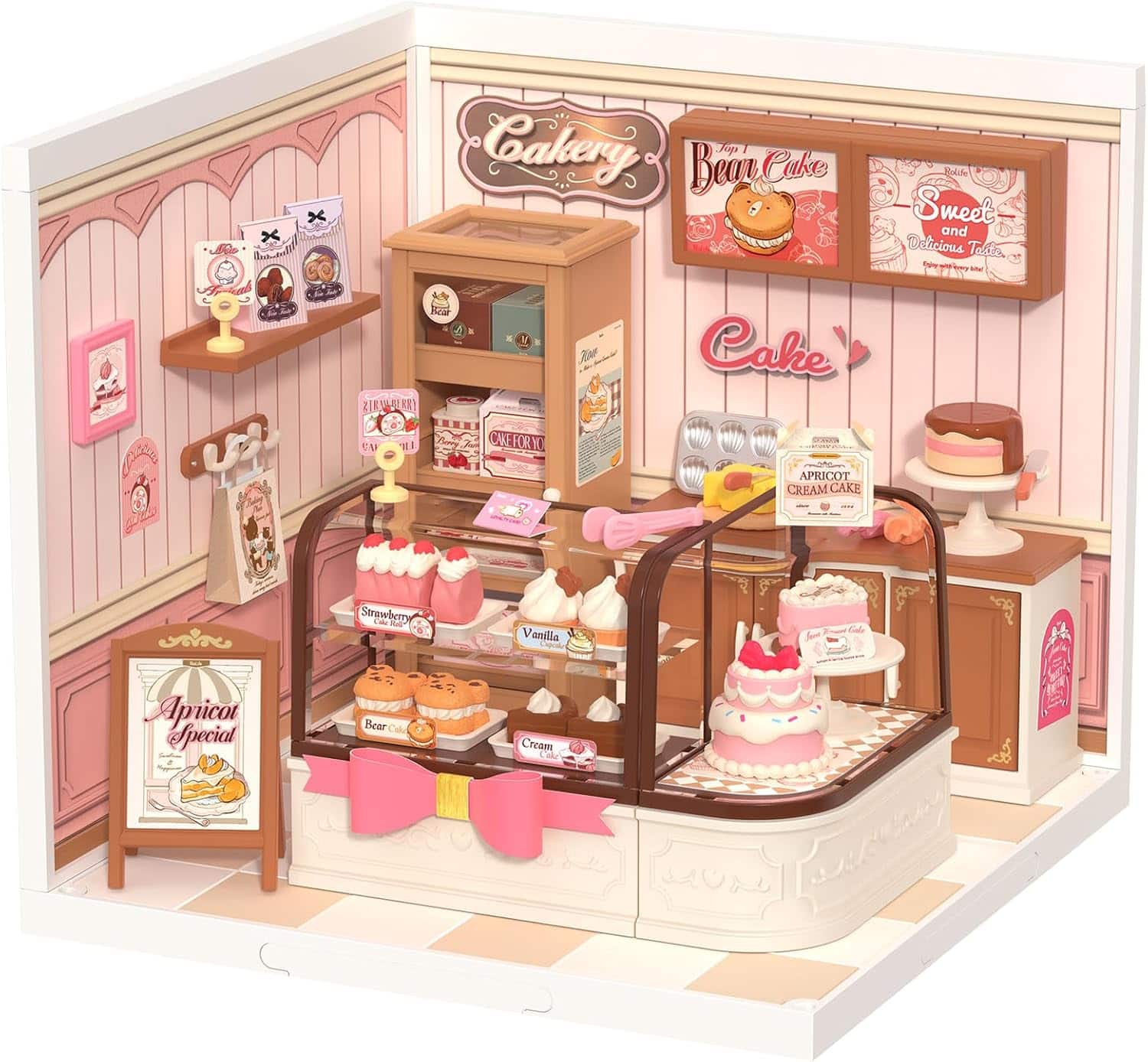 Robotime - Rolife Tasty Cake Shop Super Creator DIY Miniature Plastic House Building Set Playset with LED, Toy Diarama - Brown
