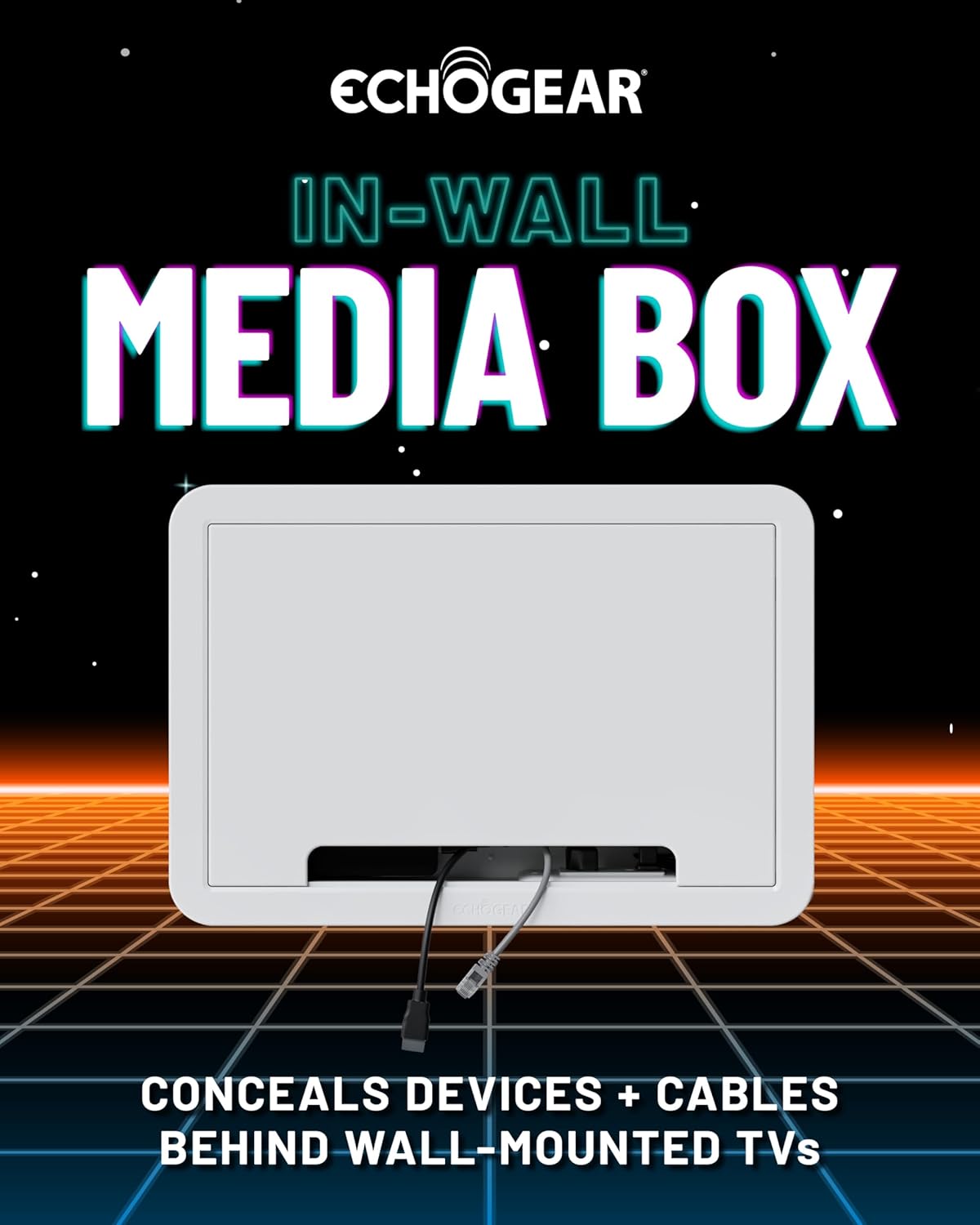 ECHOGEAR IN-WALL MEDIA BOX  
CONCEALS DEVICES + CABLES BEHIND WALL-MOUNTED TVs