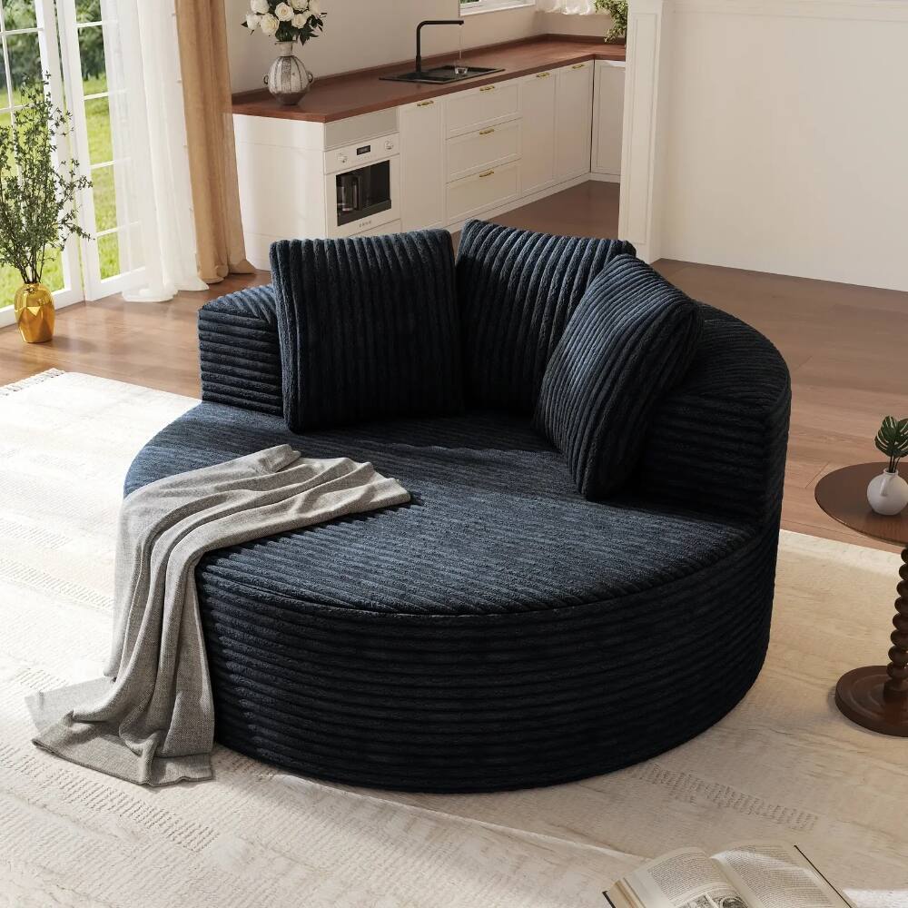 Angle. Yardgrace - Oversized Round Lazy Sofa Chair,Corduroy Deep Seat Single Sleeper Sofas, Upholstered Chaise, Cloud Couch for Living Room - Black.