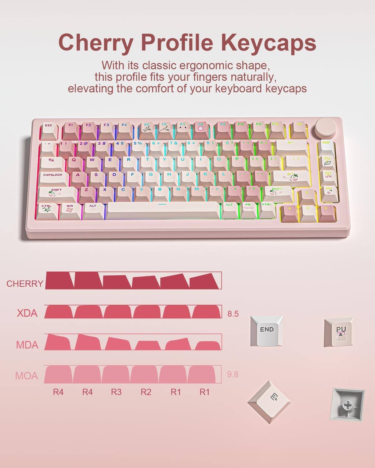 Cherry Profile Keycaps

With its classic ergonomic shape, this profile fits your fingers naturally, elevating the comfort of your keyboard keycaps.

ESC F1 F2 F3 F4 F5 F6 F7 F8 F9 F10 F11 F12

1 ! 2 @ 3 # 4 $ 5 % 6 ^ 7 & 8 * 9 ( 0 ) - _ + =

Q W E R T Y U I O P [ ] \ { } | } ~

A S D F G H J K L ; ' " '

Z X C V B N M , . / ? 

CAPSLOCK SHIFT CTRL WIN ALT

CHERRY XDA 8.5 END PU CAPELOCK A 5 D F G H J K L 4 Sntr Z x a V I N M MoF CTAL WI ALF ALT -- ETEL CHERRY XDA 8.5 END PU MDA MOA 9.8 R4 R4 R3 R2 R1 R1

R4 R4 R3 R2 R1 R1