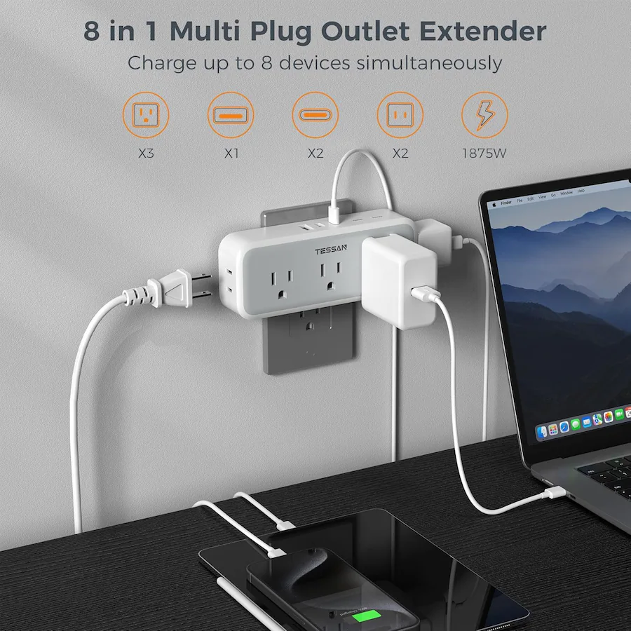 TESSAN 5 AC Multi Plug Outlet Extender with 3 USB Ports(2 USB C ...