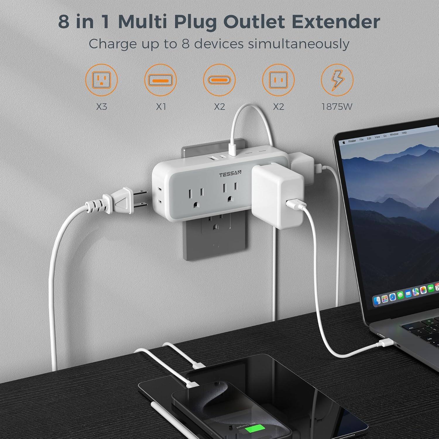 8 in 1 Multi Plug Outlet Extender  
Charge up to 8 devices simultaneously  
X3 X1 X2 X2 1875W  
TESSAN 6