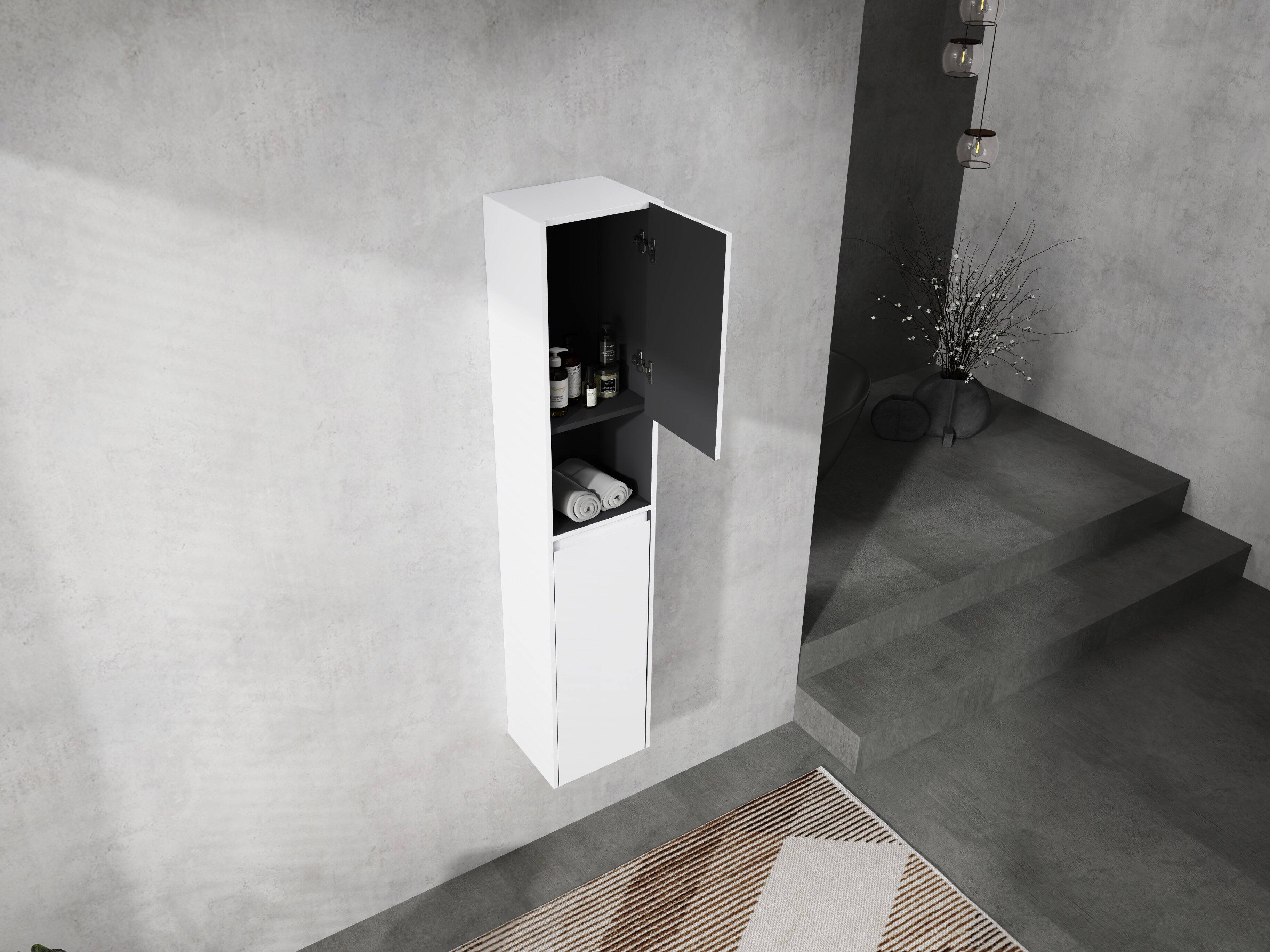 Angle. TinyHomie - 12in Bathroom Side Cabinet 2-Soft Close Doors Float Mounting Design 12x2 KD-Packing - White.