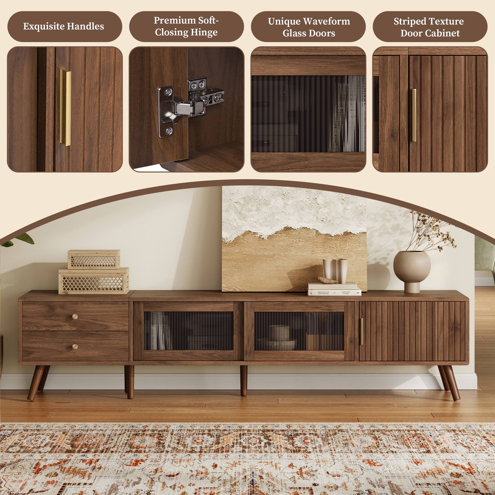 Exquisite Handles  
Premium Soft-Closing Hinge  
Unique Waveform Glass Doors  
Striped Texture Door Cabinet