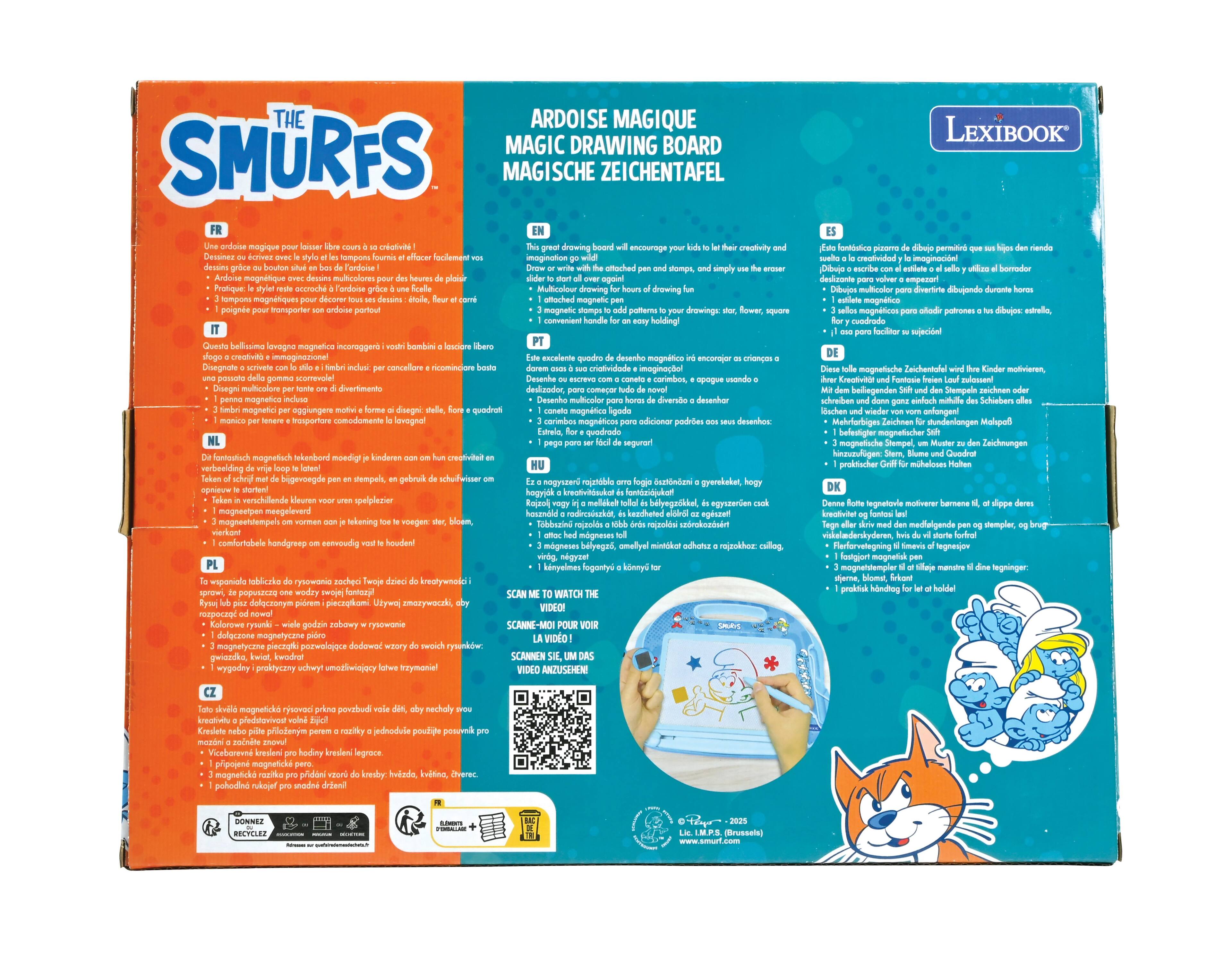 **THE SMURFS**

**ARDOISE MAGIQUE MAGIC DRAWING BOARD MAGISCHE ZEICHENTAFEL**

**FR**
Un ardoise magique pour laisser libre cours à sa créativité et s'amuser avec le style et les couleurs de vos dessins !  
- Ardoise magnifique avec des dessins multicolores pour des heures de plaisir  
- Pratique, le style reste accroché à l'ardoise grâce à l'aimant  
- 1 pinceau pour dessiner  
- 1 pinceau pour effacer  
- 1 porte-ardoise pour le transporter  

**NL**
Dit fantastisch magnetisch tekenbord motive kinderen om hun creativiteit en fantasie te ontwikkelen.  
- De kinderen kunnen hun eigen stijl en kleur combineren  
- 1 magnetisch tekenbord  
- 1 magnetisch tekenstift  
- 1 magnetisch tekenstift voor het effacer  
- 1 magnetisch handgreep voor het vasthouden  

**EN**
This great magnetic drawing board will encourage your kids to let their creativity and imagination run wild!  
- Simply use