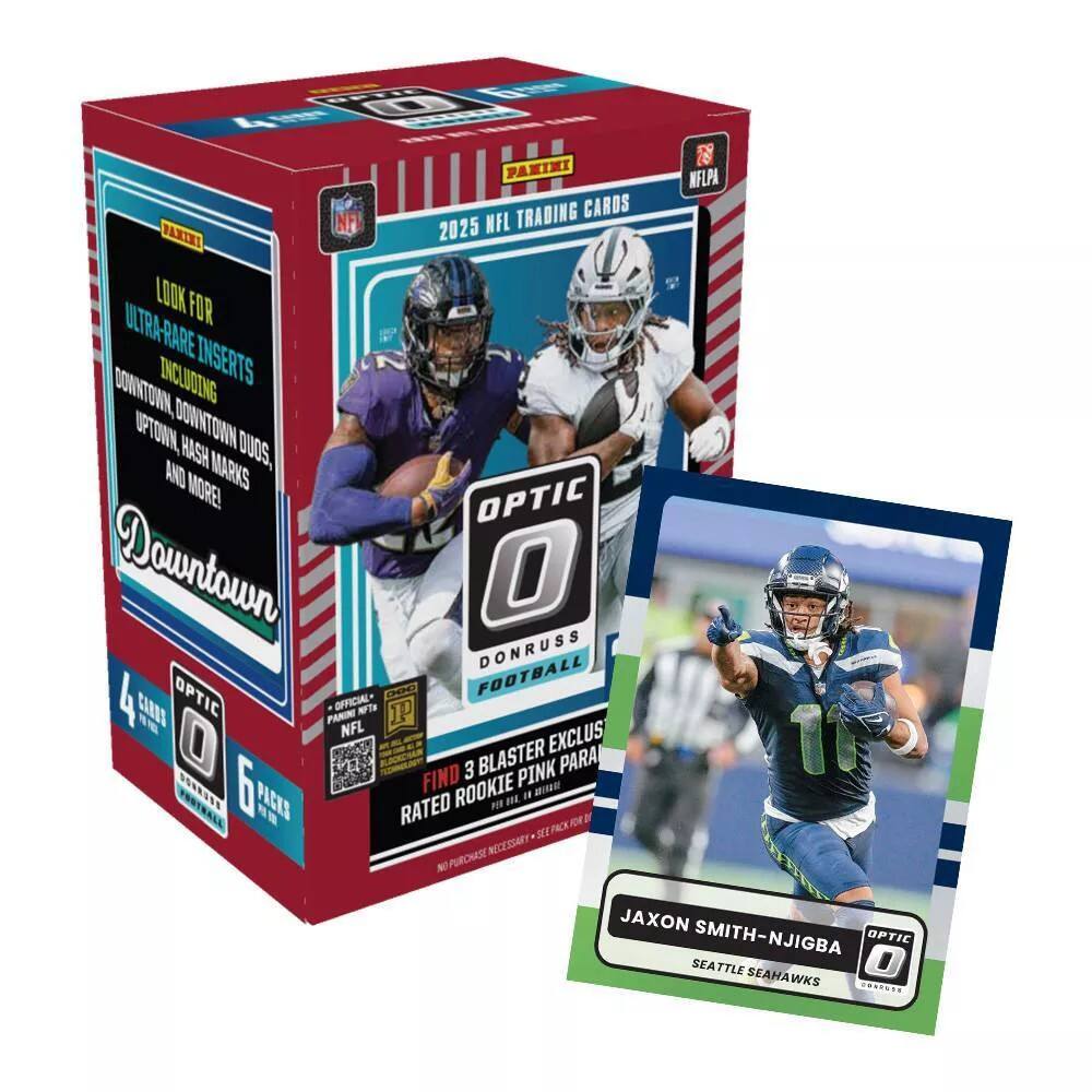 Downtown Optic 2025 NFL Trading Cards

Look for ultra-rare inserts including Downtown Duos, Uptown, Hash Marks, and more!

Find 3 Blaster Exclusive Rated Rookie Pins!

Jaxon Smith-Njigba
Seattle Seahawks