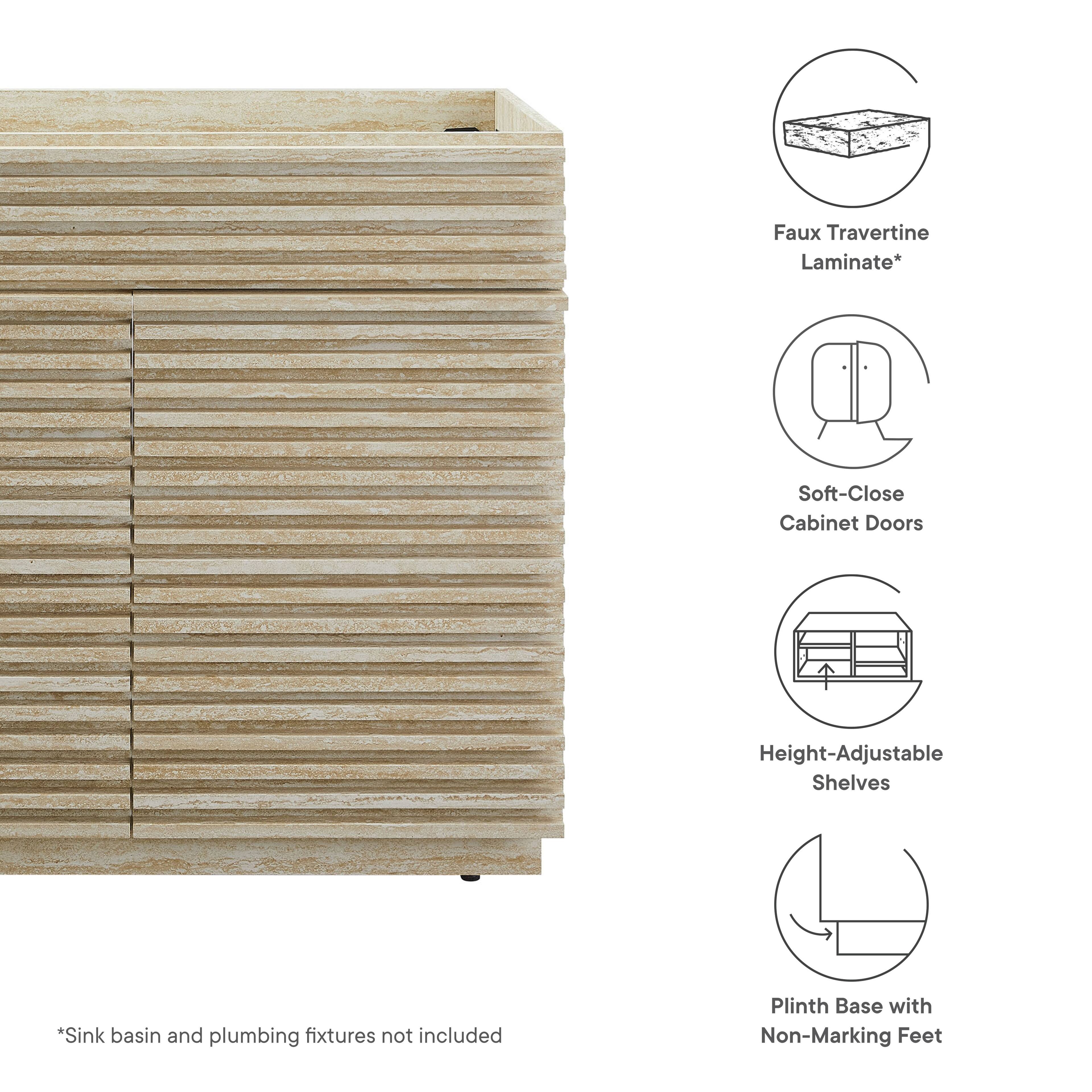 Faux Travertine Laminate*  
Soft-Close Cabinet Doors  
Height-Adjustable Shelves  
Plinth Base with Non-Marking Feet  

*Sink basin and plumbing fixtures not included