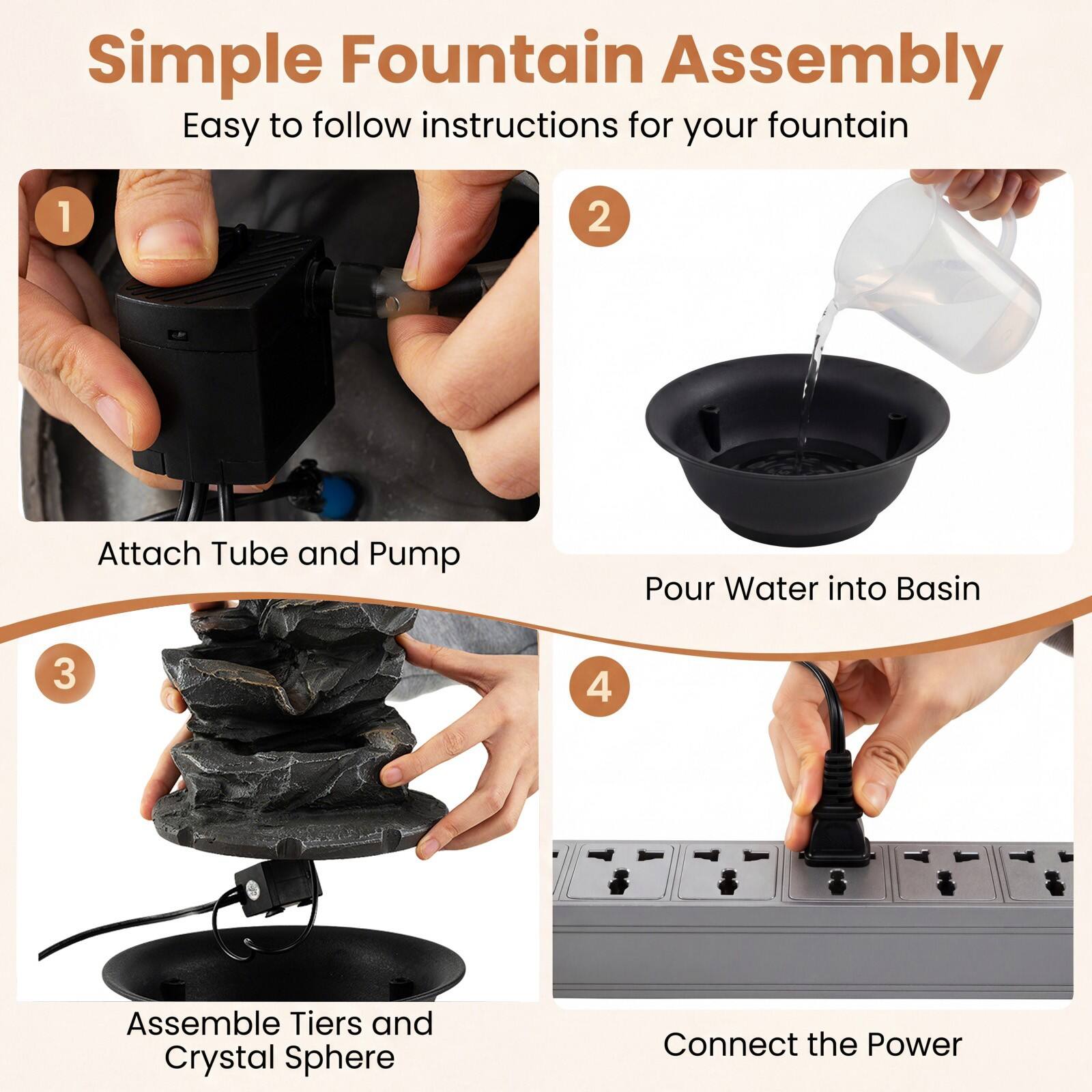 Simple Fountain Assembly  
Easy to follow instructions for your fountain

1. Attach Tube and Pump
2. Pour Water into Basin
3. Assemble Tiers and Crystal Sphere
4. Connect the Power