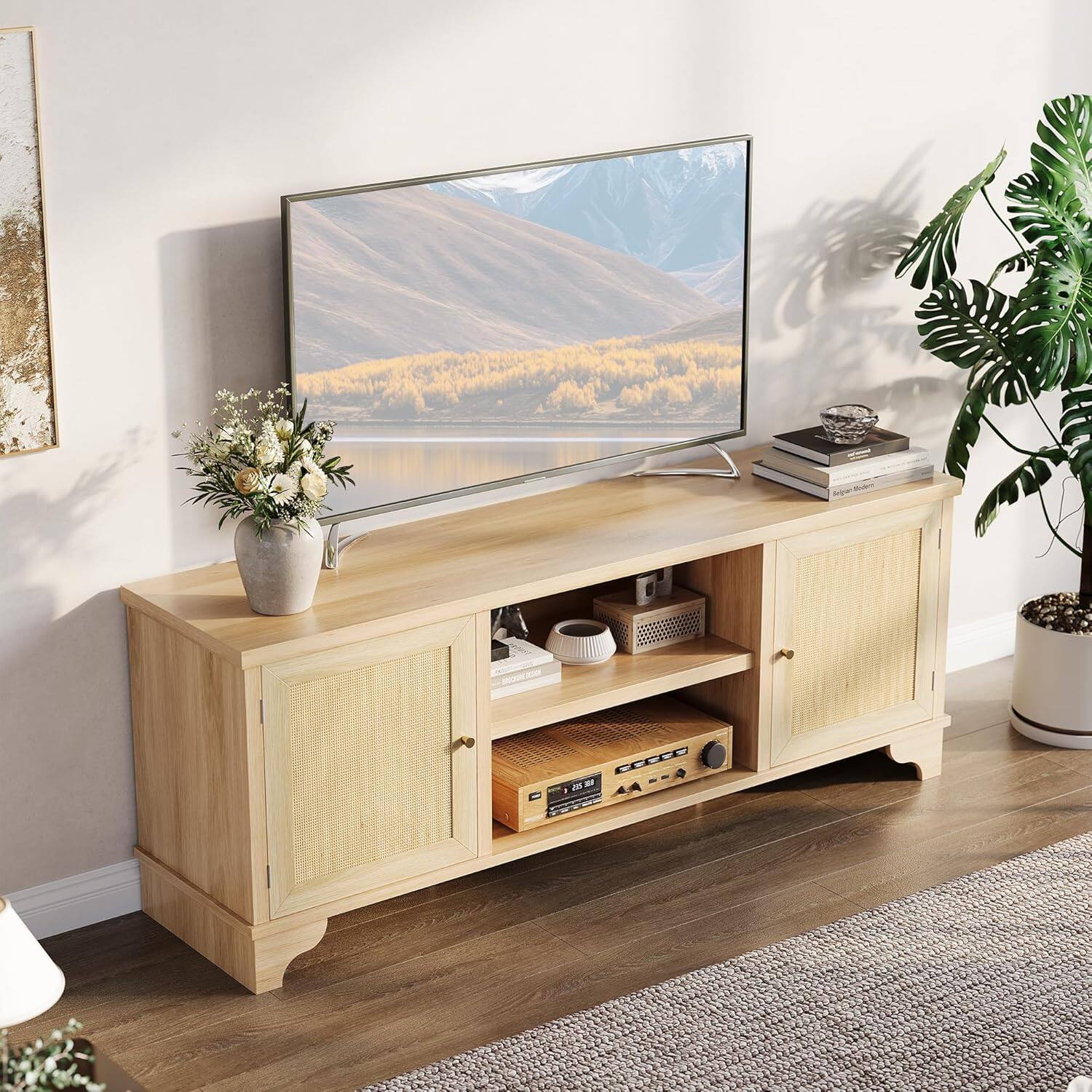 Alt View 3. Acekool - Rattan TV Stand for Living Room Modern Entertainment Center for 70" TV Boho Media Console Table with Storage Natural Oak - ‎Oak.