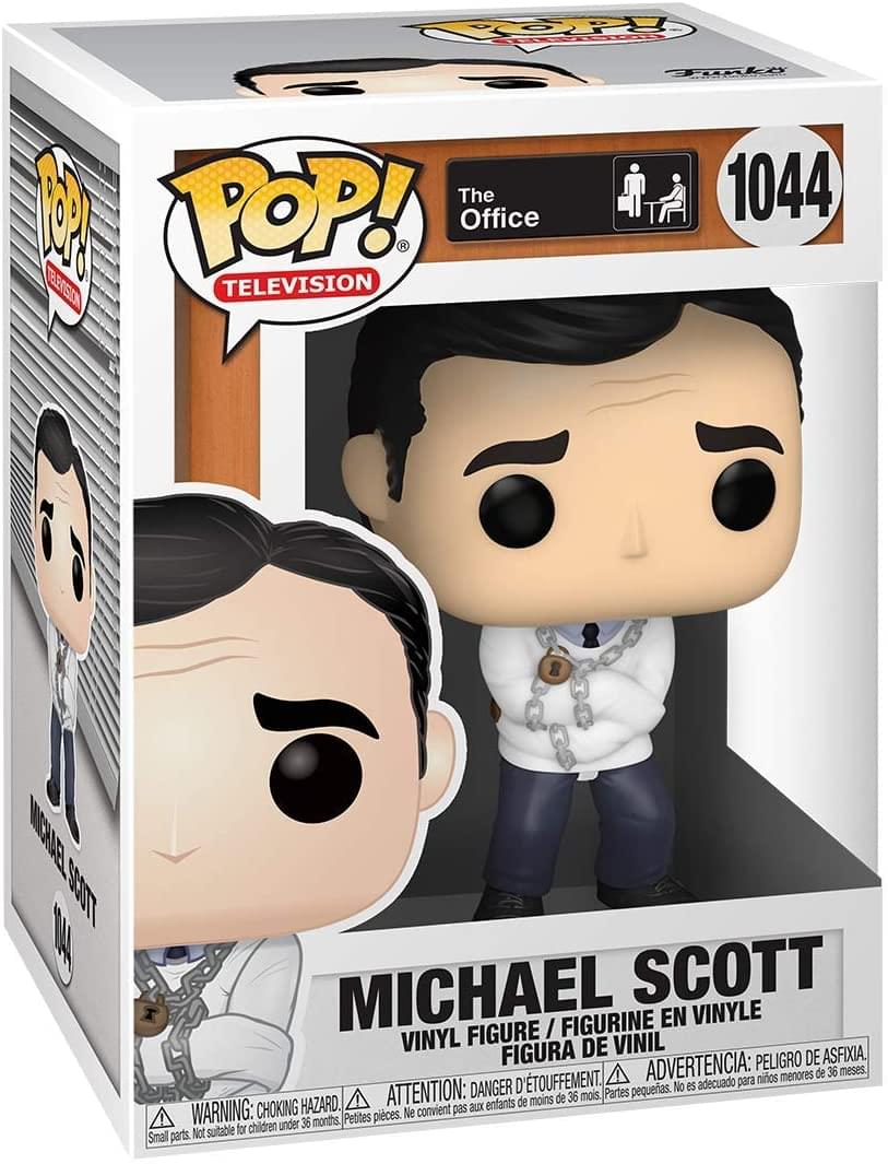 **Front:**
- POP! TELEVISION
- The Office
- 1044
- MICHAEL SCOTT
- VINYL FIGURE / FIGURINE EN VINYLE / FIGURA DE VINIL

**Warnings:**
- WARNING: CHOKING HAZARD. Small parts. Not suitable for children under 36 months.
- ATTENTION: DANGER D'ÉTOUFFEMENT. Petites pièces. Ne convient pas aux enfants de moins de 36 mois.
- ADVERTENCIA: PELIGRO DE ASFIXIA. Piezas pequeñas. No es adecuado para niños menores de 36 meses.

**Side:**
- MICHAEL SCOTT
- 1044