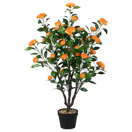 Gymax - 3.3 FT Artificial Tree Artificial Camellia Tree Faux Plant for Indoor & Outdoor - Green + Yellow