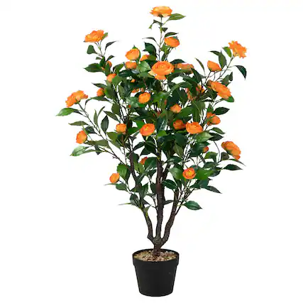 Front. Gymax - Gymax 3.3 FT Artificial Tree Artificial Camellia Tree Faux Plant for Indoor & Outdoor - Green + Yellow.