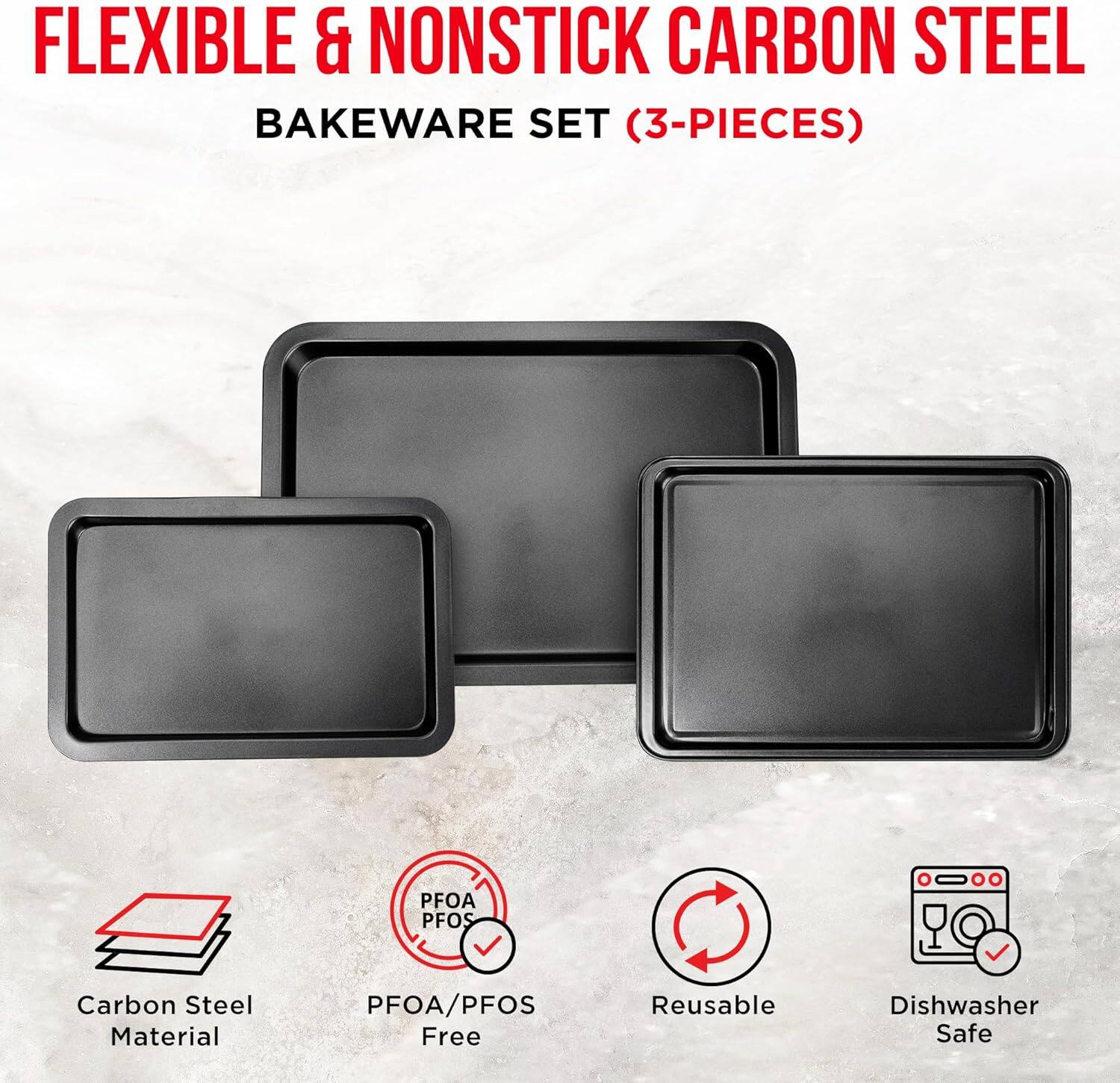 FLEXIBLE & NONSTICK CARBON STEEL BAKEWARE SET (3-PIECES), PFOA/PFOS Carbon Steel Material, PFOA/PFOS Free, Reusable, Dishwasher Safe