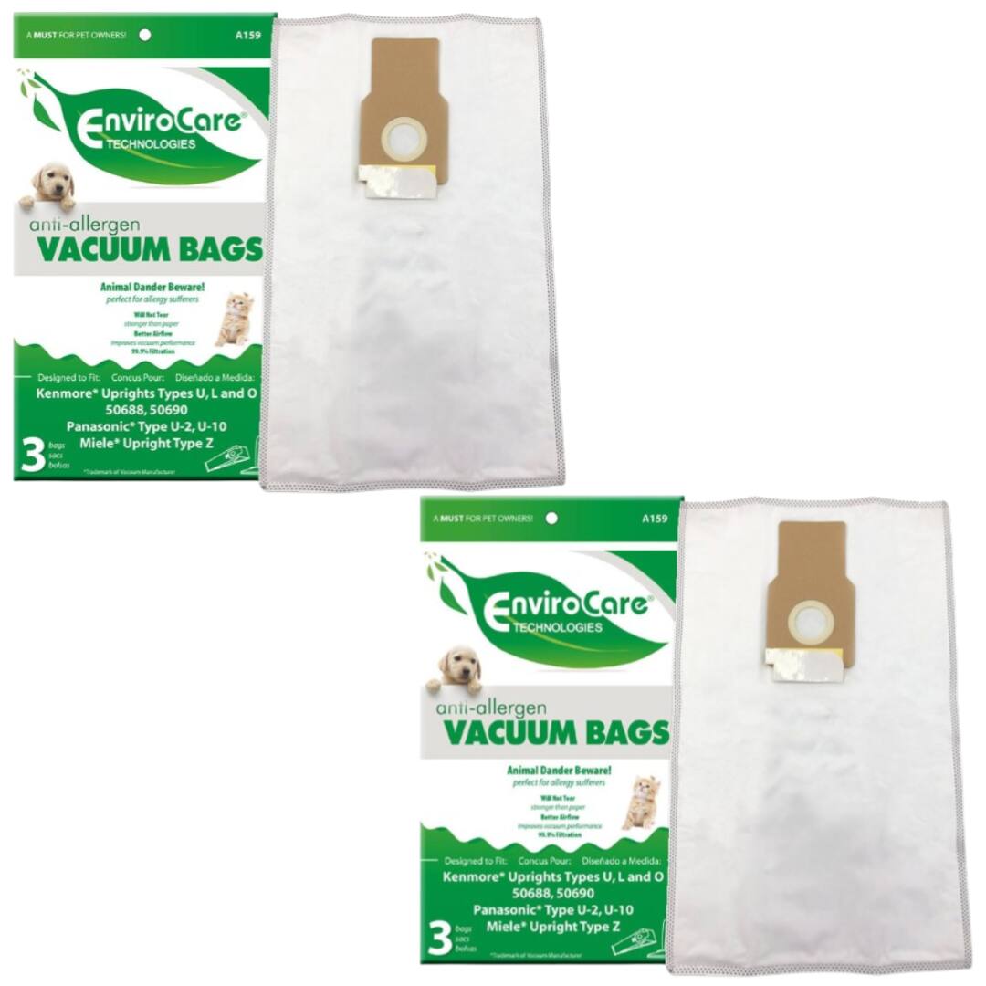A MUST FOR PET OWNERS!  
A159 EnviroCare TECHNOLOGIES anti-allergen VACUUM BAGS  
Animal Dander Beware! perfect for allergy sufferers  

Designed to Fit:  
Kenmore Uprights Types U, L and O 50688, 50690  
Panasonic Type U-2, U-10  
Miele Upright Type Z  

3 bags per box