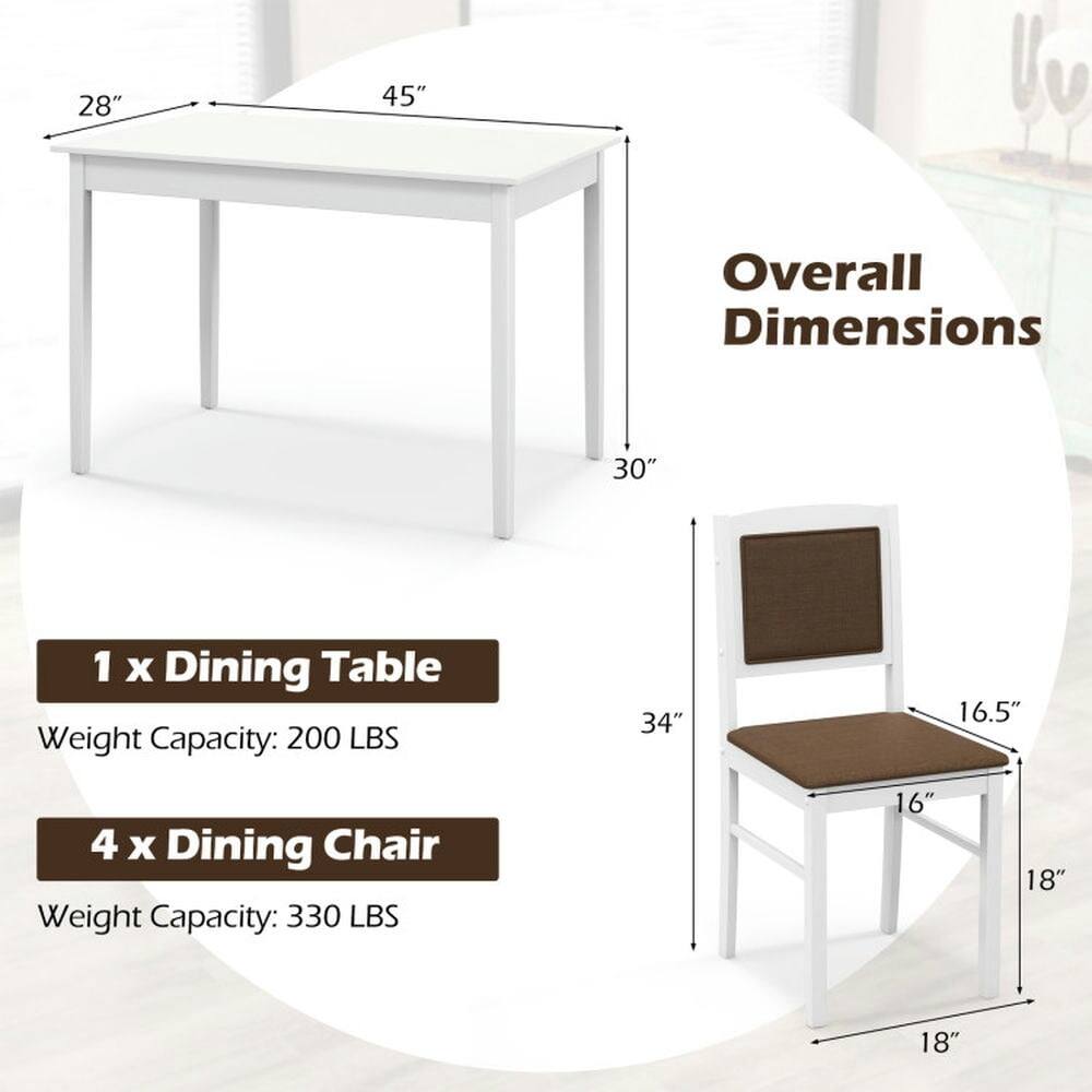 Overall Dimensions  
1 x Dining Table  
Weight Capacity: 200 LBS  
4 x Dining Chair  
Weight Capacity: 330 LBS  

Table:  
- Length: 45"  
- Width: 28"  
- Height: 30"  

Chair:  
- Height: 34"  
- Seat Width: 18"  
- Seat Depth: 16.5"  
- Back Height: 16"  
- Armrest Width: 18"