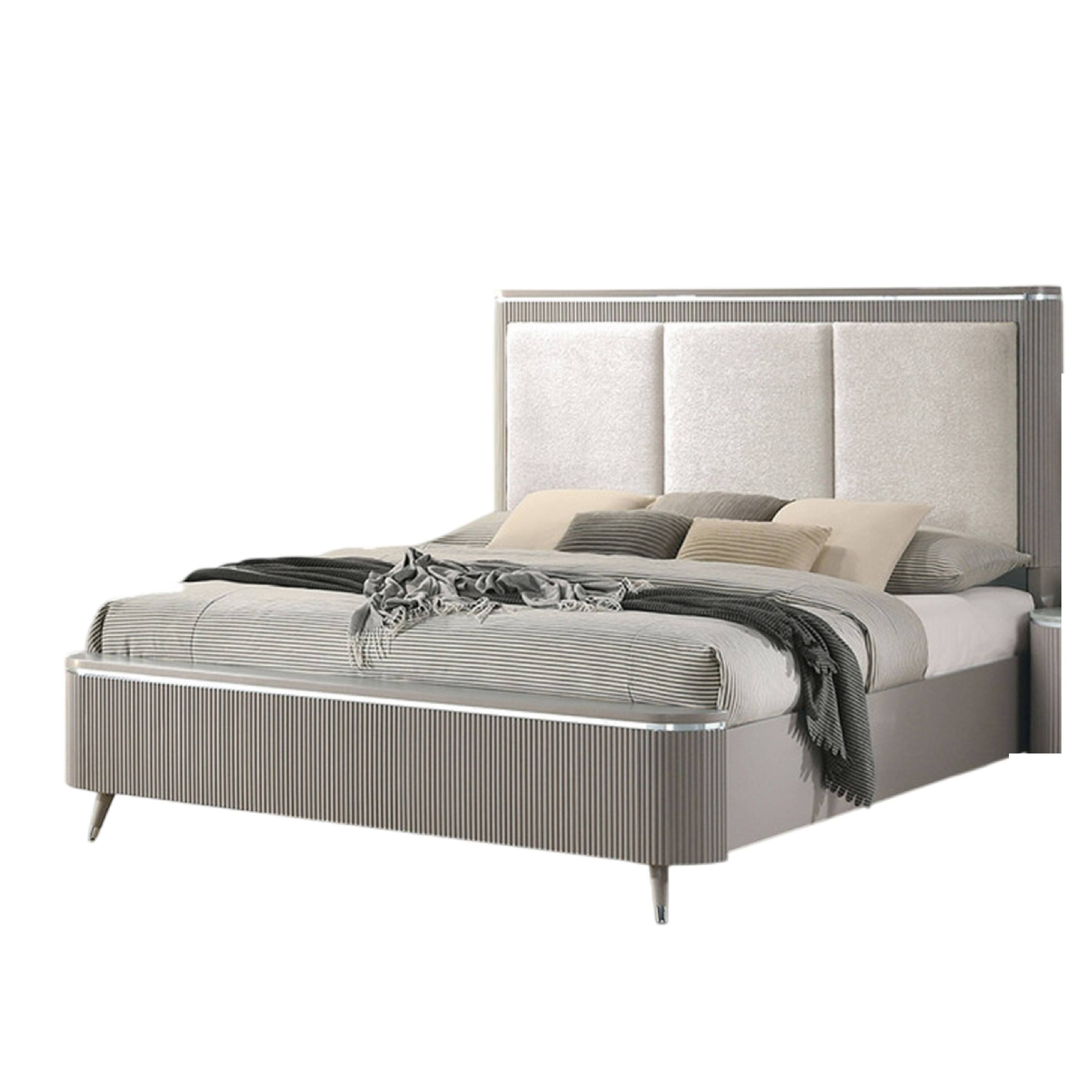 Alt View 1. Manhattan Lane - Gema Queen Bed, Channeled Upholstery, Reeded w Silver Line - Light Gray, Silver.
