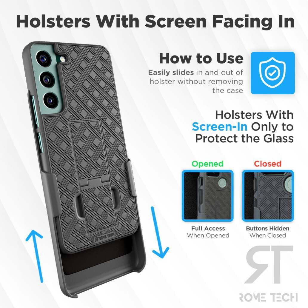 Holsters With Screen Facing In

How to Use  
Easily slides in and out of holster without removing the case

Holsters With Screen-In Only to Protect the Glass

Opened  
Full Access When Opened

Closed  
Buttons Hidden When Closed

ROME TECH