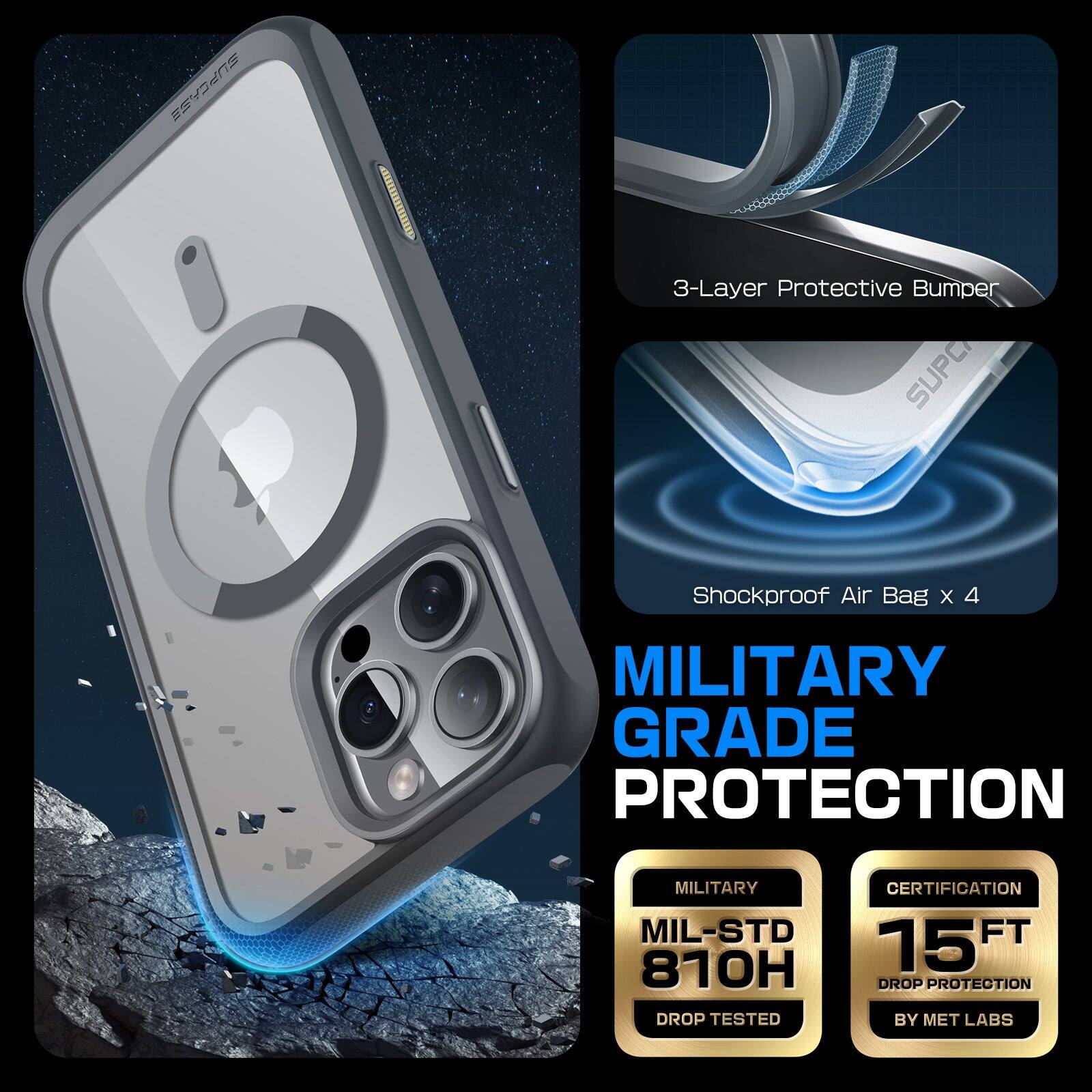 The text on the image can be grouped and corrected as follows:

- **SUPCASS I 3-Layer Protective Bumper**
- **SUPC Shockproof Air Bag x 4**
- **MILITARY GRADE PROTECTION**
- **MIL-STD 810H DROP TESTED**
- **15 FT DROP PROTECTION BY MET LABS**

This text highlights the features and certifications of the protective bumper.