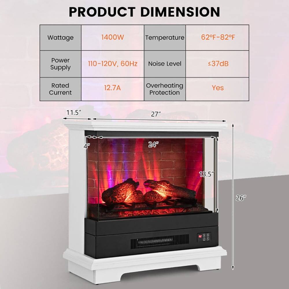 PRODUCT DIMENSION  
- Wattage: 1400W  
- Temperature: 62°F-82°F  
- Power Supply: 110-120V, 60Hz  
- Noise Level: <37dB  
- Rated Current: 12.7A  
- Overheating Protection: Yes  

Dimensions:  
- 11.5"  
- 27"  
- 4"  
- 24"  
- 13.5"  
- 26"