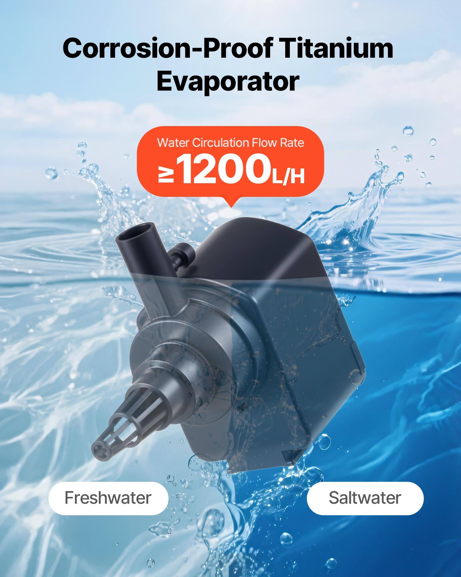 Corrosion-Proof Titanium Evaporator  
Water Circulation Flow Rate: ≥1200 L/H  
Freshwater  
Saltwater