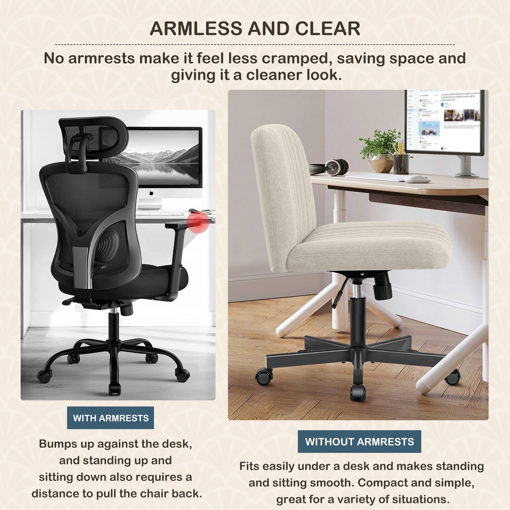 office worker✨ KERDOM Armless Office Chair with Wheels, Ergonomic Wide Seat