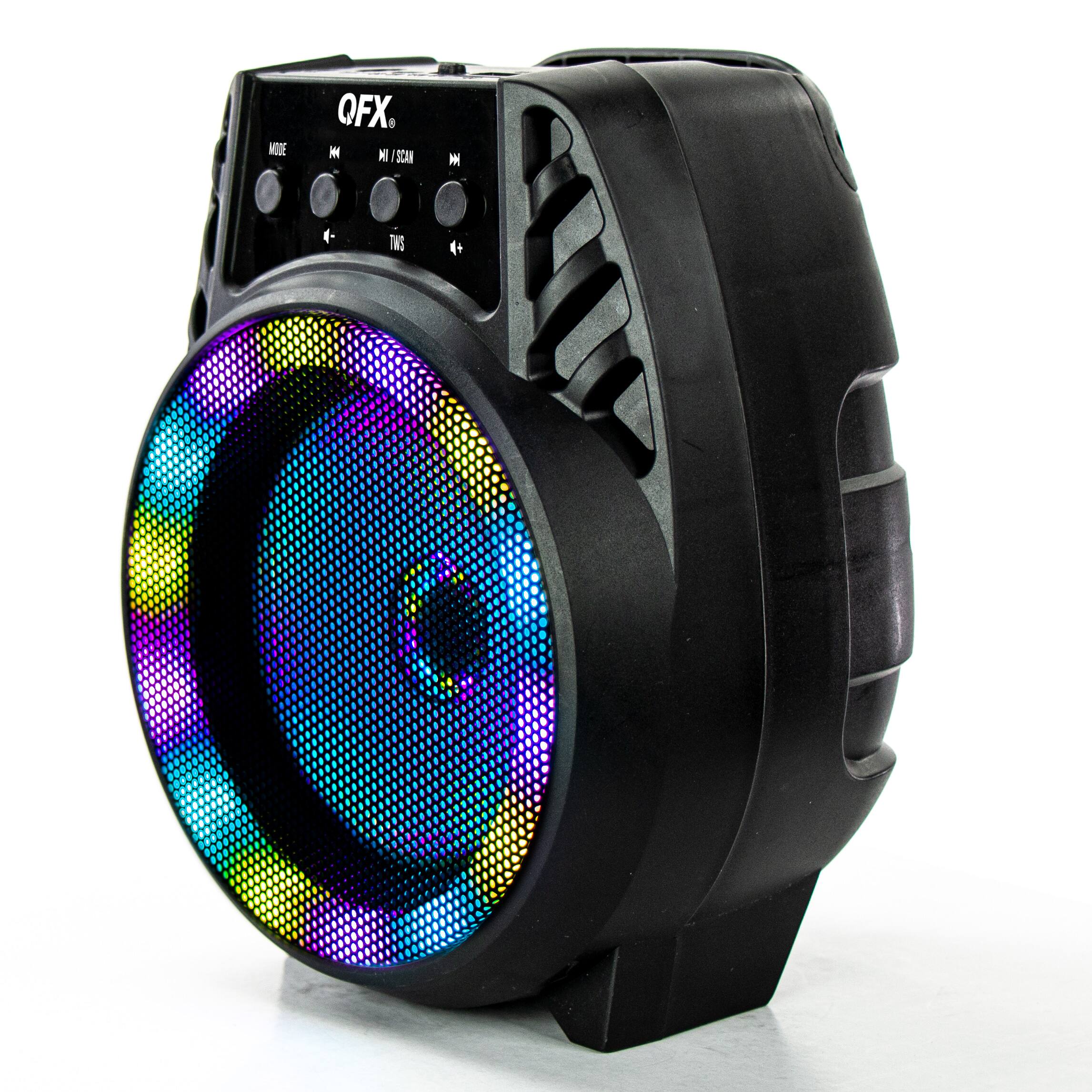 Left. QFX - Portable Bluetooth Rechargeable Speaker with LED Party Lights - Black.