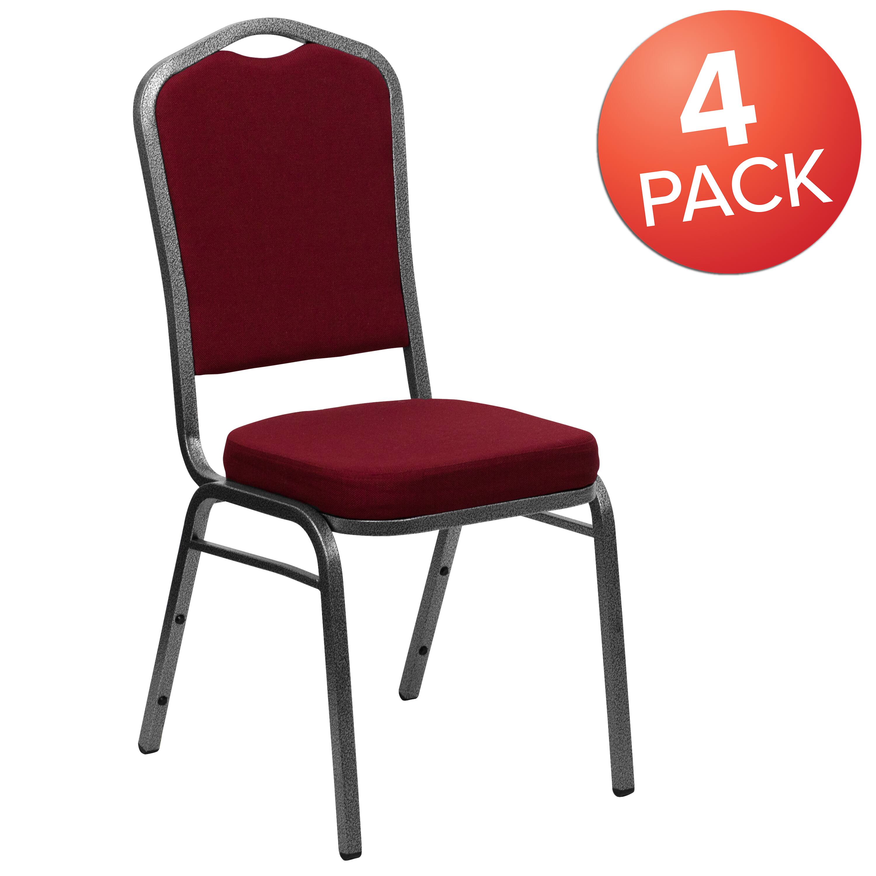 Alt View 1. Emma + Oliver - 4 Pack Crown Back Stacking Banquet Chair - Burgundy Fabric/Silver Vein Frame.