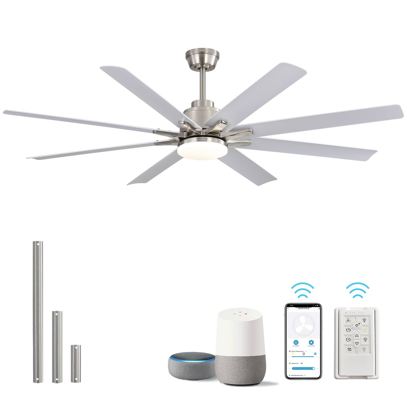 Sofucor - 52''/66'' Smart Ceiling Fan with Light Alexa/Google App/Remote Control Industrial Ceiling Fan for Patios Shop Commercial - 52 Inch - Nickel White