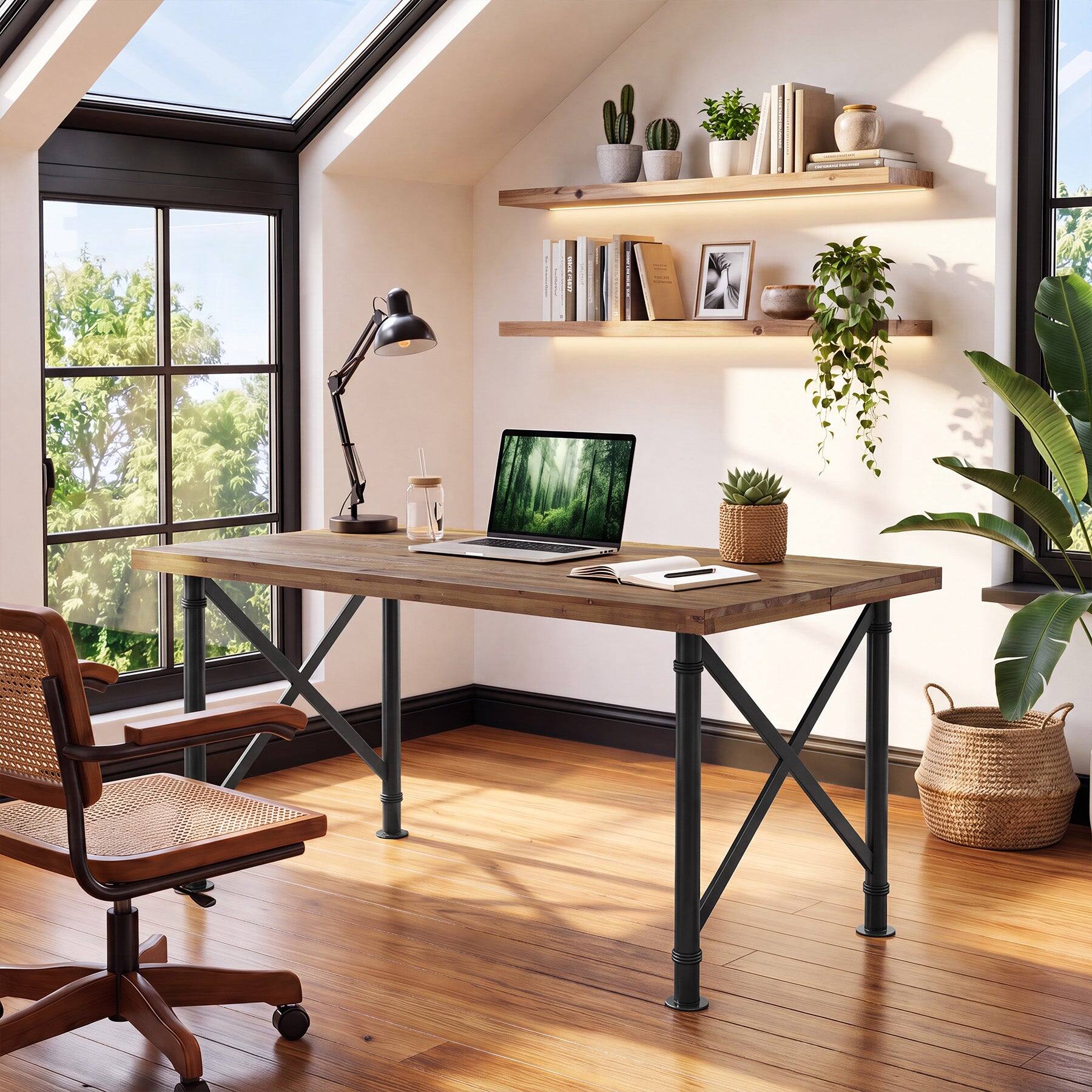 Angle. Tribesigns - Office Executive Desk with Solid Wood Construction, Metal Frame, for Computer Work and Writing in Home Offices - Brown.