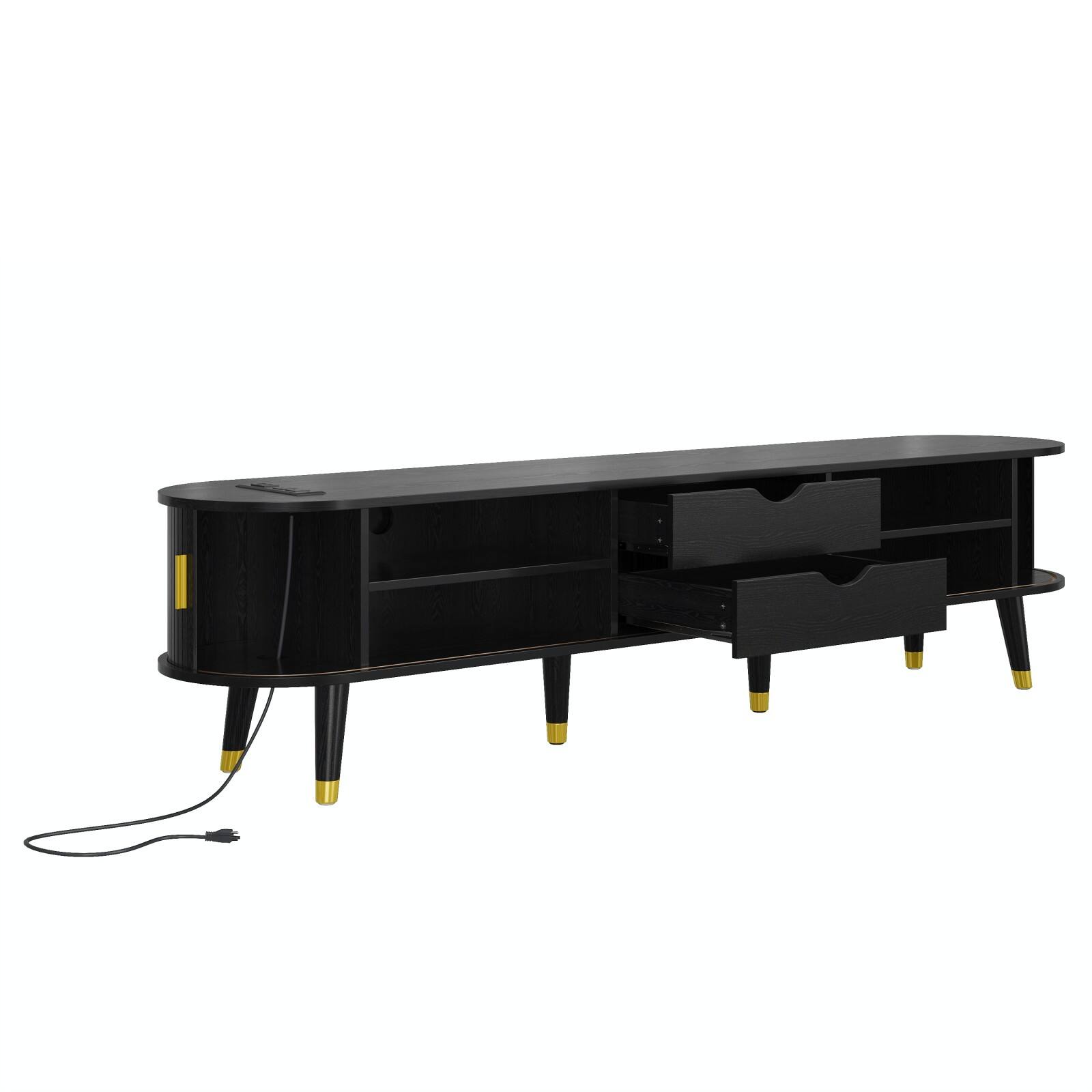 Alt View 10. Ecooso - Wooden Oval Fluted TV Stand with Charging Station for TV up to 80", Sliding Tambour Door, Golden Handle for Living Room - Black.