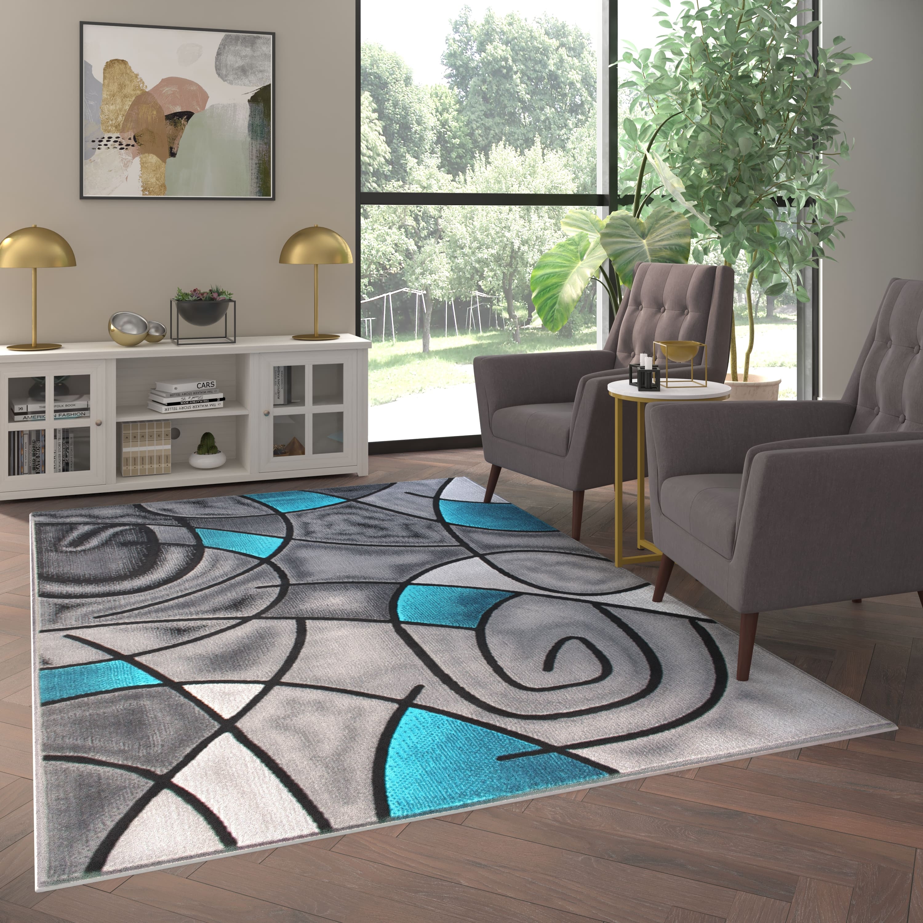 Emma + Oliver - Urbane Contemporary Abstract Geometric Olefin Accent Rug in Gradient Shades with Natural Jute Backing - Turquoise