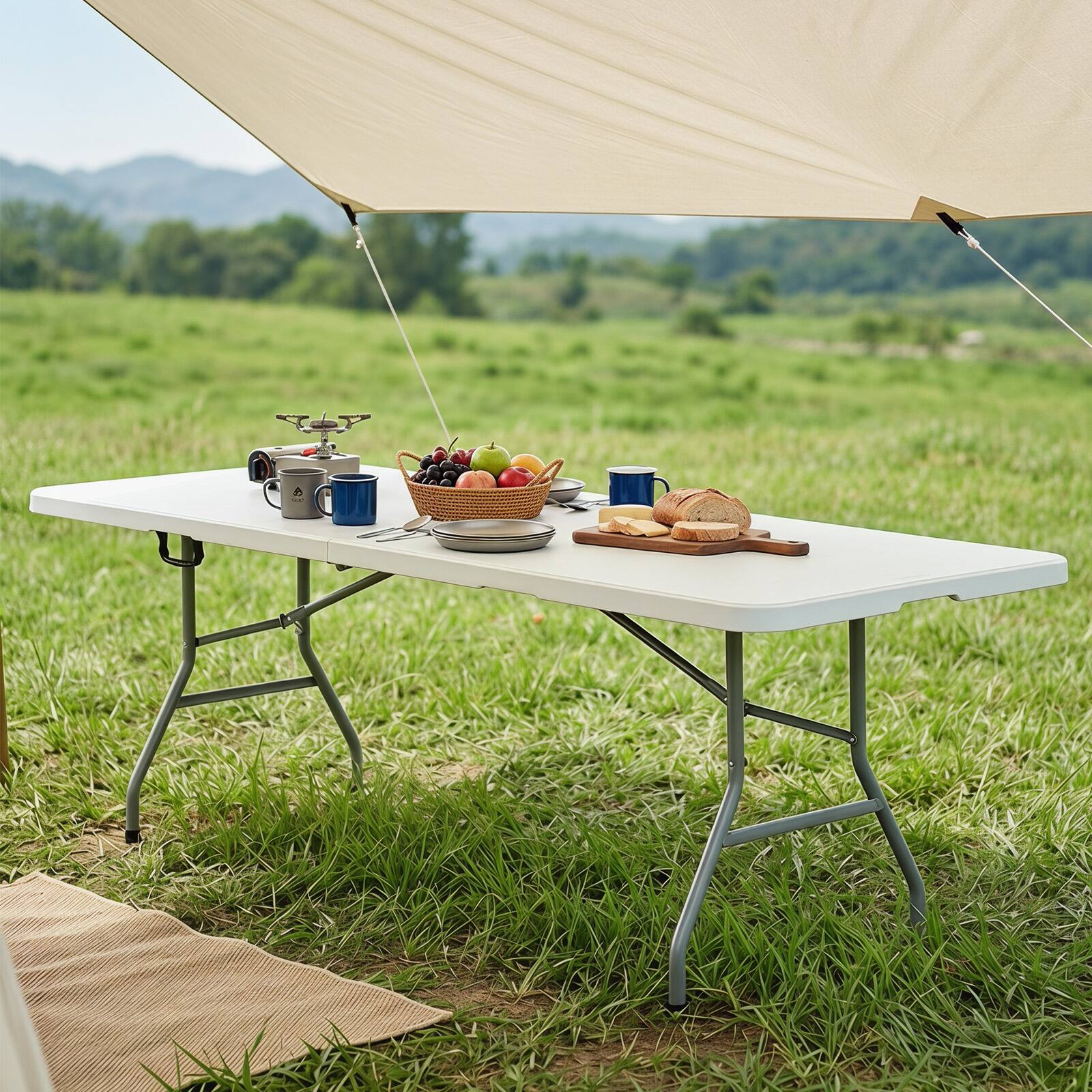 Alt View 1. Costway - Costway 8 ft Portable Folding Table with HDPE Tabletop Safe Lock Mechanism Carrying Handle - White.
