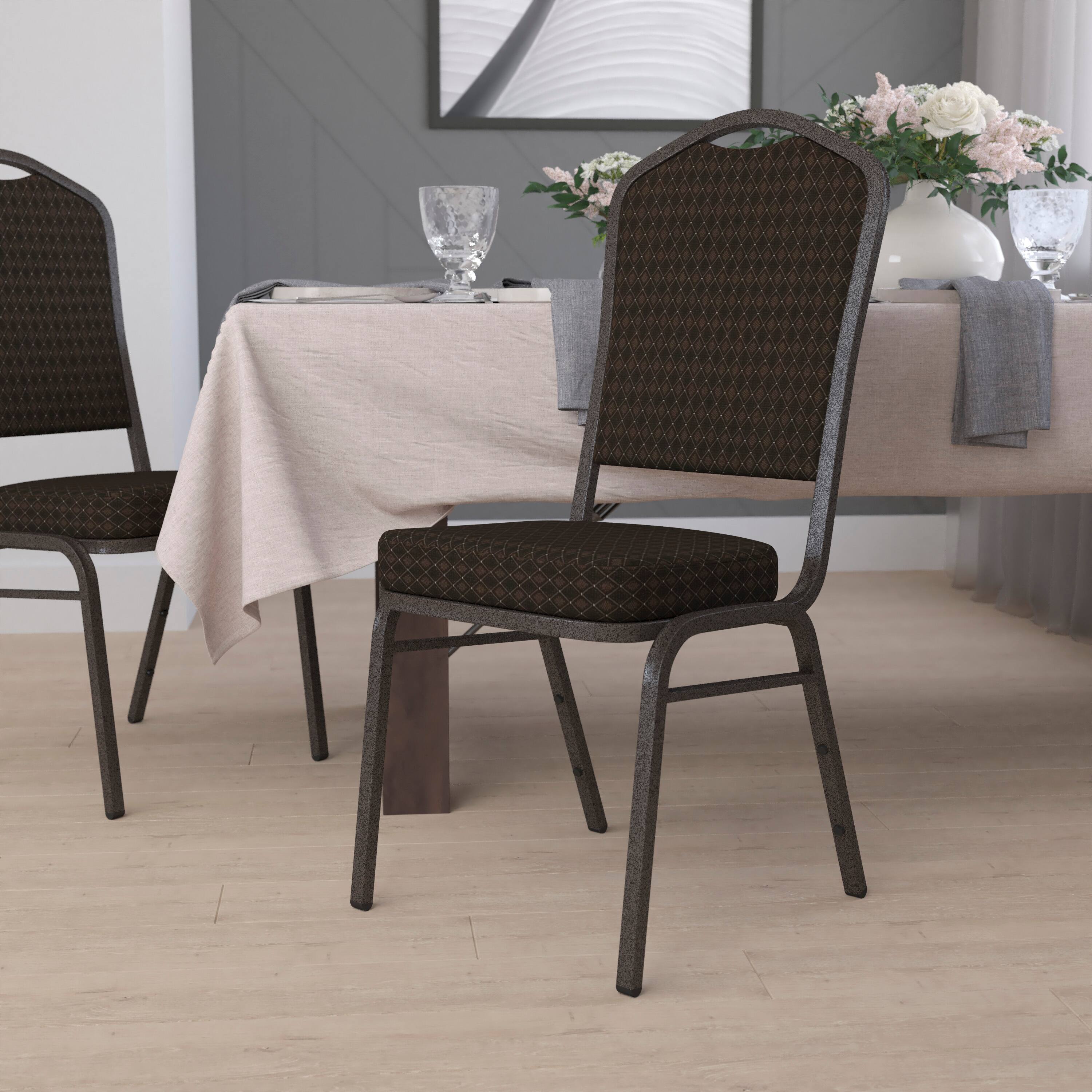 Alt View 1. Emma + Oliver - Crown Back Stacking Banquet Dining Chair - Brown Patterned Fabric/Gold Vein Frame.