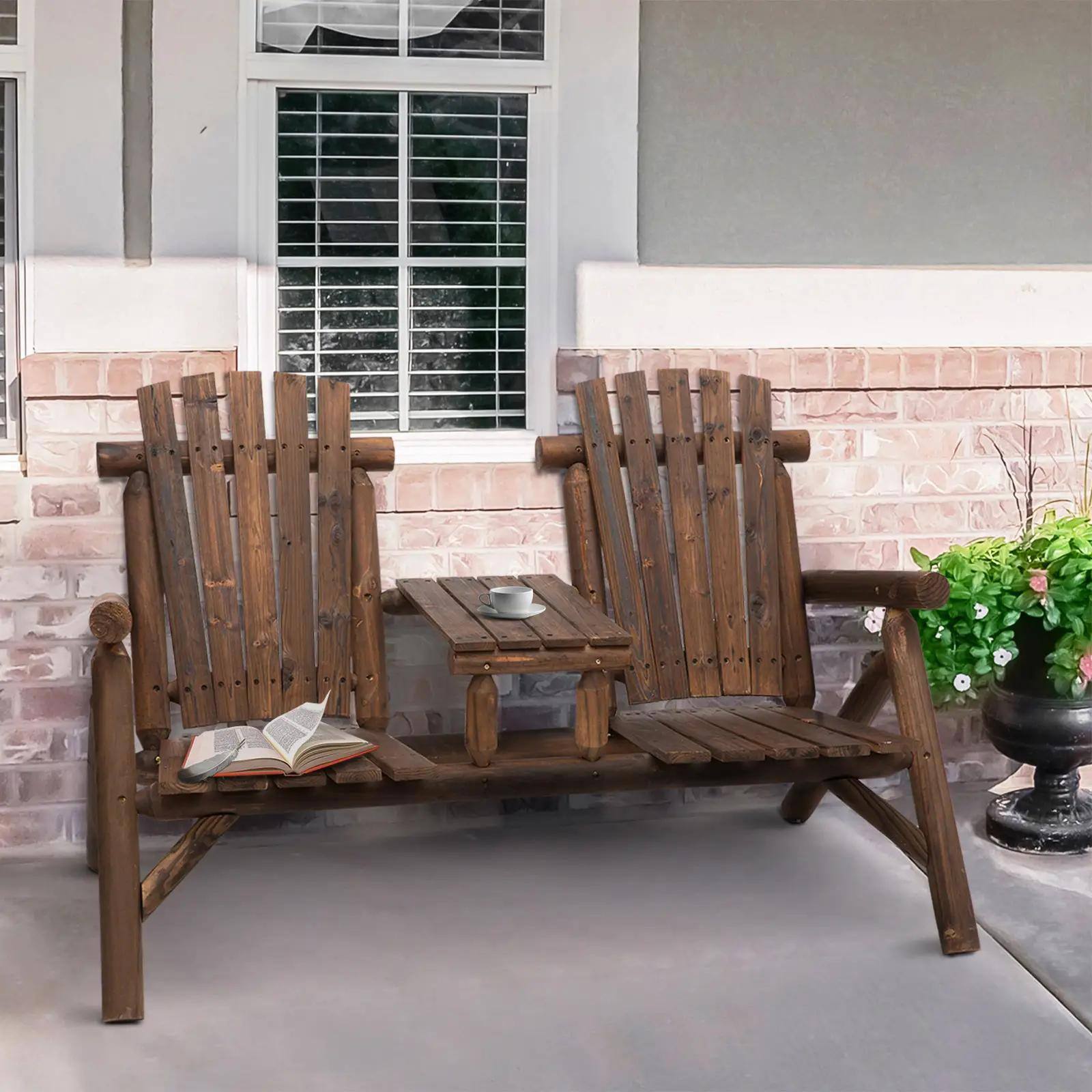 Left. Resenkos - Resenkos Wooden Adirondack Bench Set with Central Coffee Table, Ideal Outdoor Lounging & Relaxation, Brown - Brown.