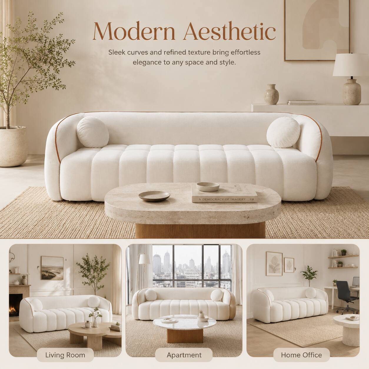 Modern Aesthetic  
Sleek curves and refined texture bring effortless elegance to any space and style.  

DEMOCRACY OF IMAGERY  

Living Room  
Apartment  
Home Office