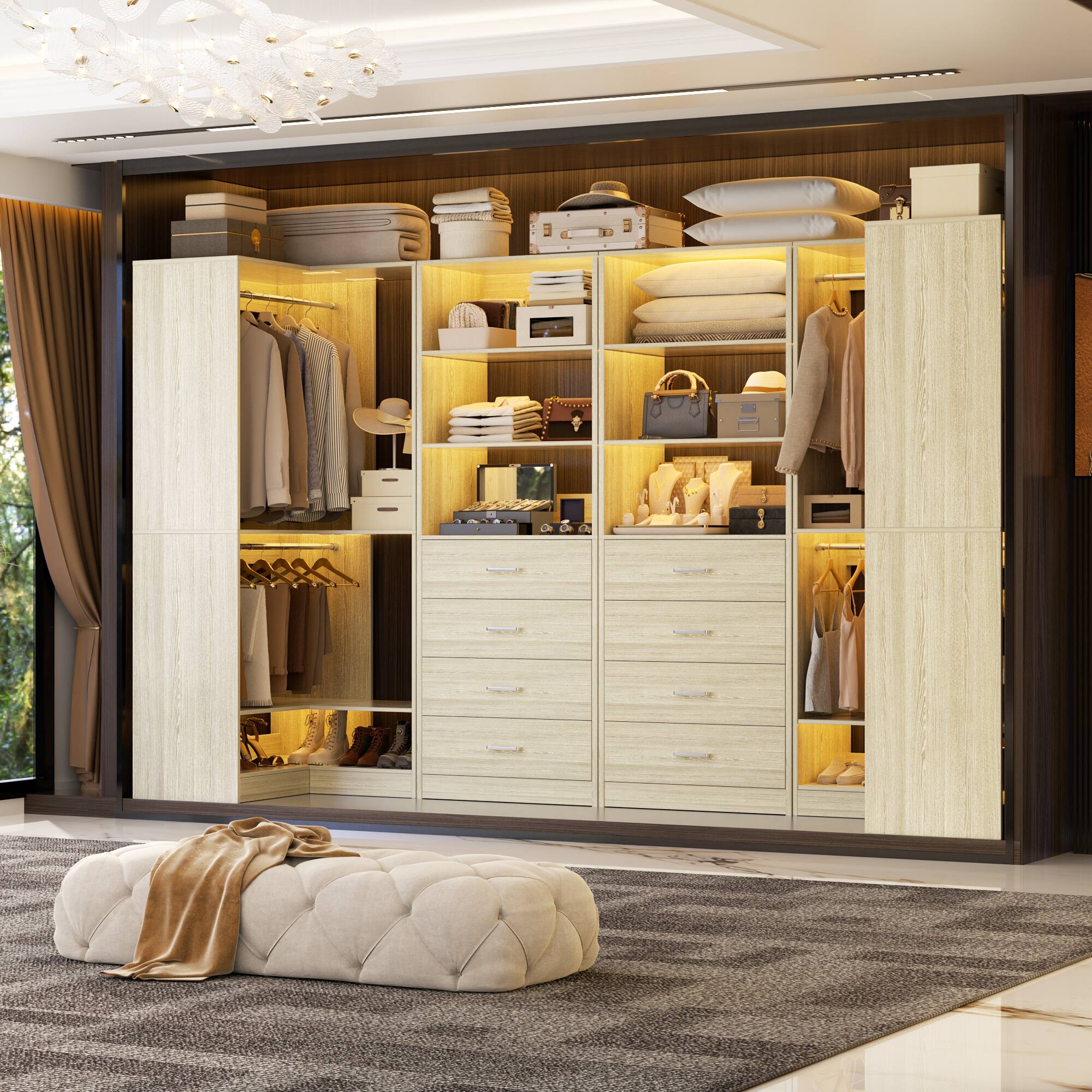 Alt View 1. Aheaplus - U-Shaped Closet Organizer System, 104'' W Wardrobe System with 8 Drawers, 4 Hanging Rods & 13 Storage Shelves - Beige Oak.