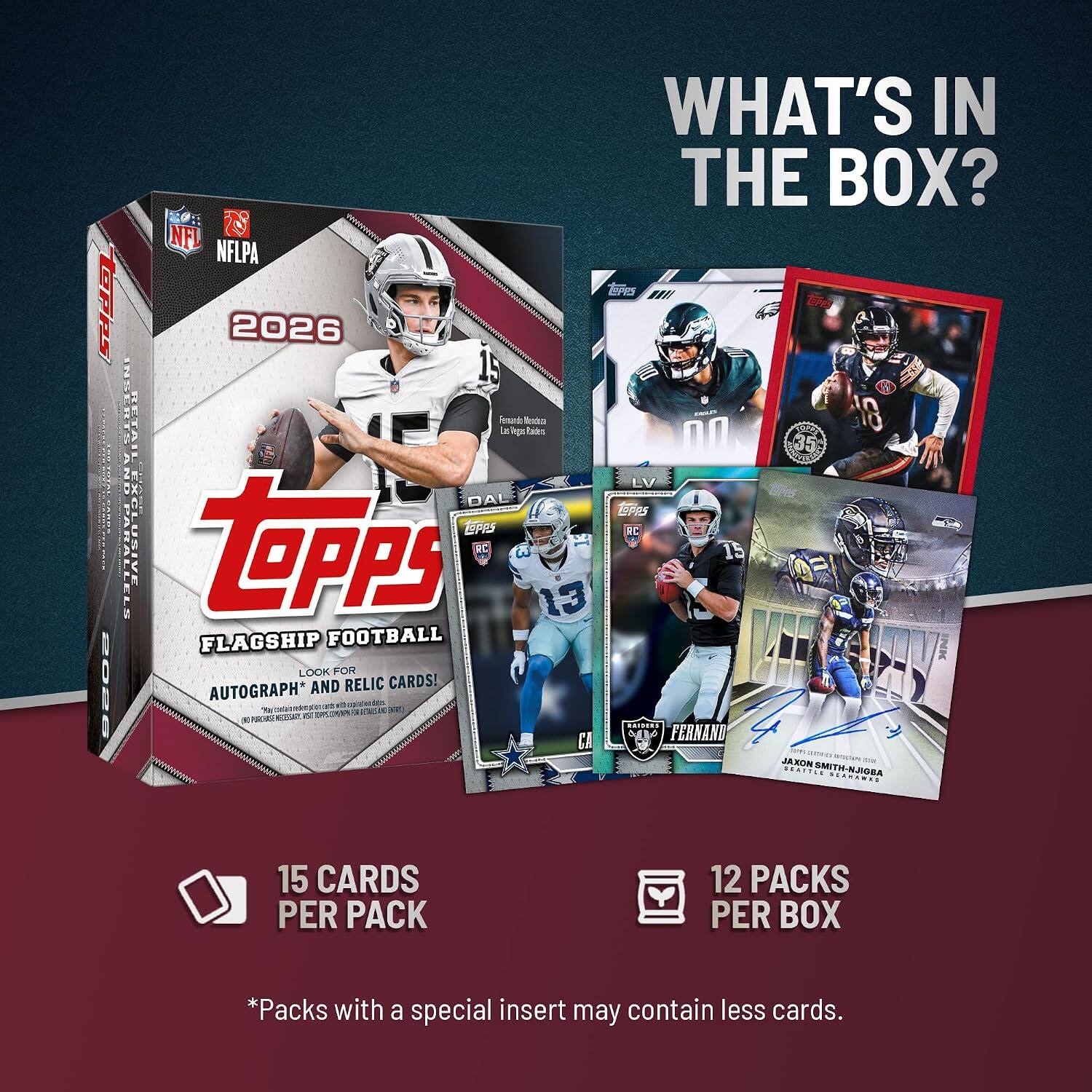 Tepps 2026  
WHAT'S IN THE BOX?  
NFL NFLPA EPPS ESPN 2026 RETAIL  
Fernando Menduca Rader 18 35  
LV DAL  
LOPES RC PARALLI  
topps RC 13 15 13  
FLAGSHIP FOOTBALL  
LOOK FOR AND RELIC CARDS!  
AUTOGRAPH* contains 3 15  
RANDERS FERNAND CA JAXON SMITH-NJIGBA DEATTLE SEANAMES 15 CARDS  
12 PACKS PER BOX  
*Packs with a special insert may contain less cards.