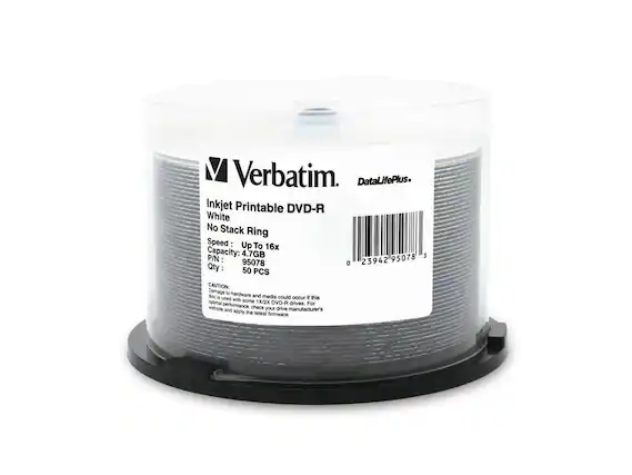 Verbatim
DataLifePlus
Inkjet Printable DVD-R
White
No Stack Ring
Speed: Up To 16x
Capacity: 4.7GB
P/N: 95078
Qty: 50 PCS
CAUTION: Damage to hardware and media could occur if this is used with some 1X/2X DVD-R drives. For optimal performance, check your drive manufacturer's website and apply the latest firmware.