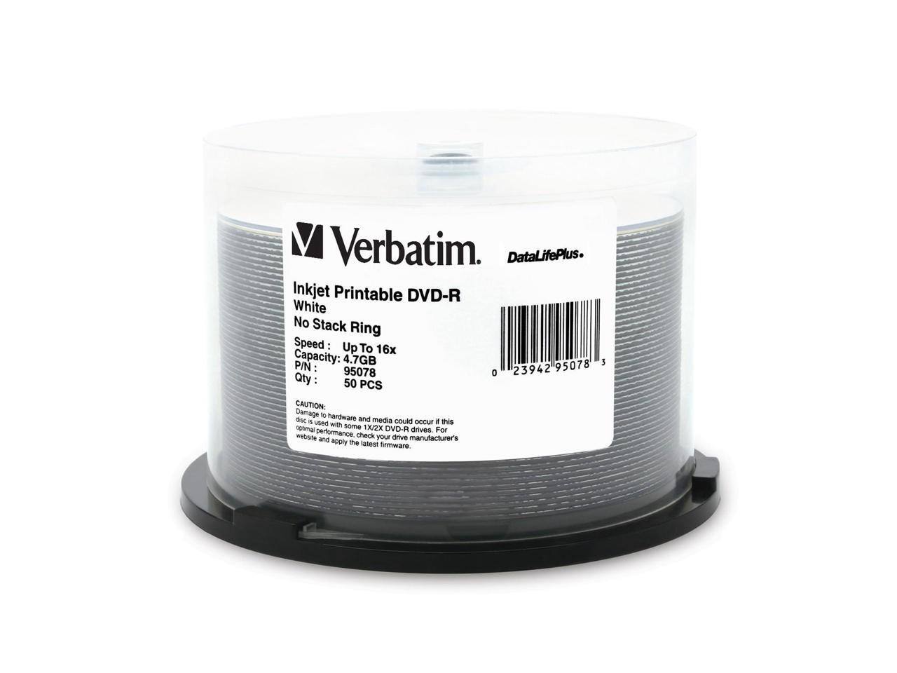 Verbatim  
DataLifePlus  
Inkjet Printable DVD-R  
White  
No Stack Ring  

Speed: Up To 16x  
Capacity: 4.7GB  
P/N: 95078  
Qty: 50 PCS  

CAUTION: Damage to hardware and media could occur if this is used with some 1X/2X DVD-R drives. For optimal performance, check your drive manufacturer's website and apply the latest firmware.
