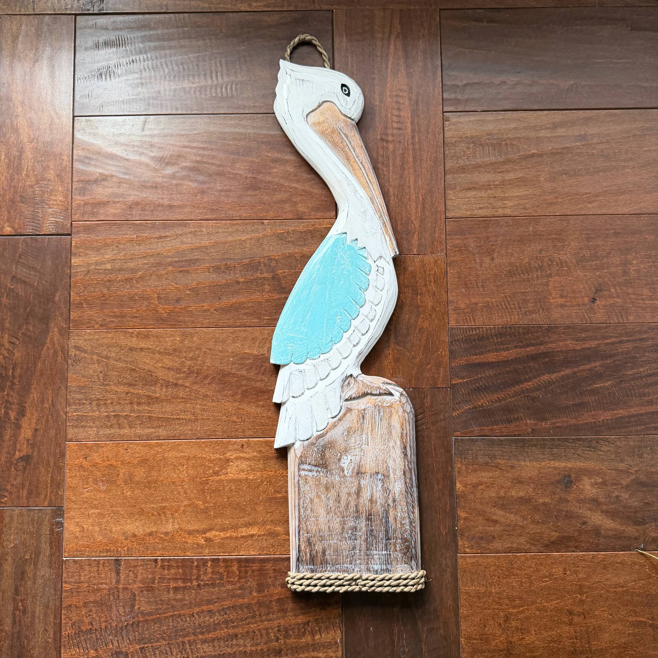 Alt View 3. Chesapeake Bay - Hand Carved Wood Pelican Wall Plaque Aqua Coastal Rope Accent 24 Inch - Aqua.