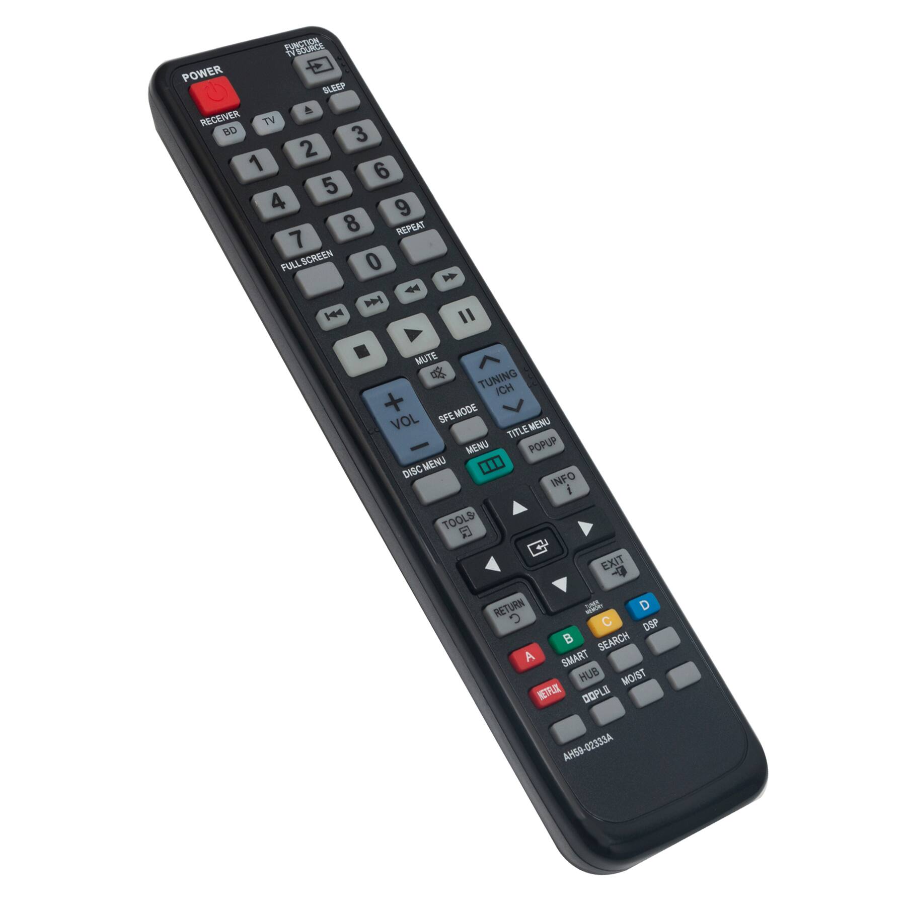 FUNCTION SOURCE POWER  
RECEIVER BD TV BO  
1 2 3 4 5 6 7 8 9 0  
SLEEP & REPEATER  
FULLSCREEN  
MUTE  
TUNING ICH  
MODE  
VOL  
DISC MENU  
TOOLS  
INFO  
EXIT RETURN  
MENU TITLE MENU POPUP  
SEARCH A  
SMART HUB  
MOIST  
DOPLE  
AHS9-02333A