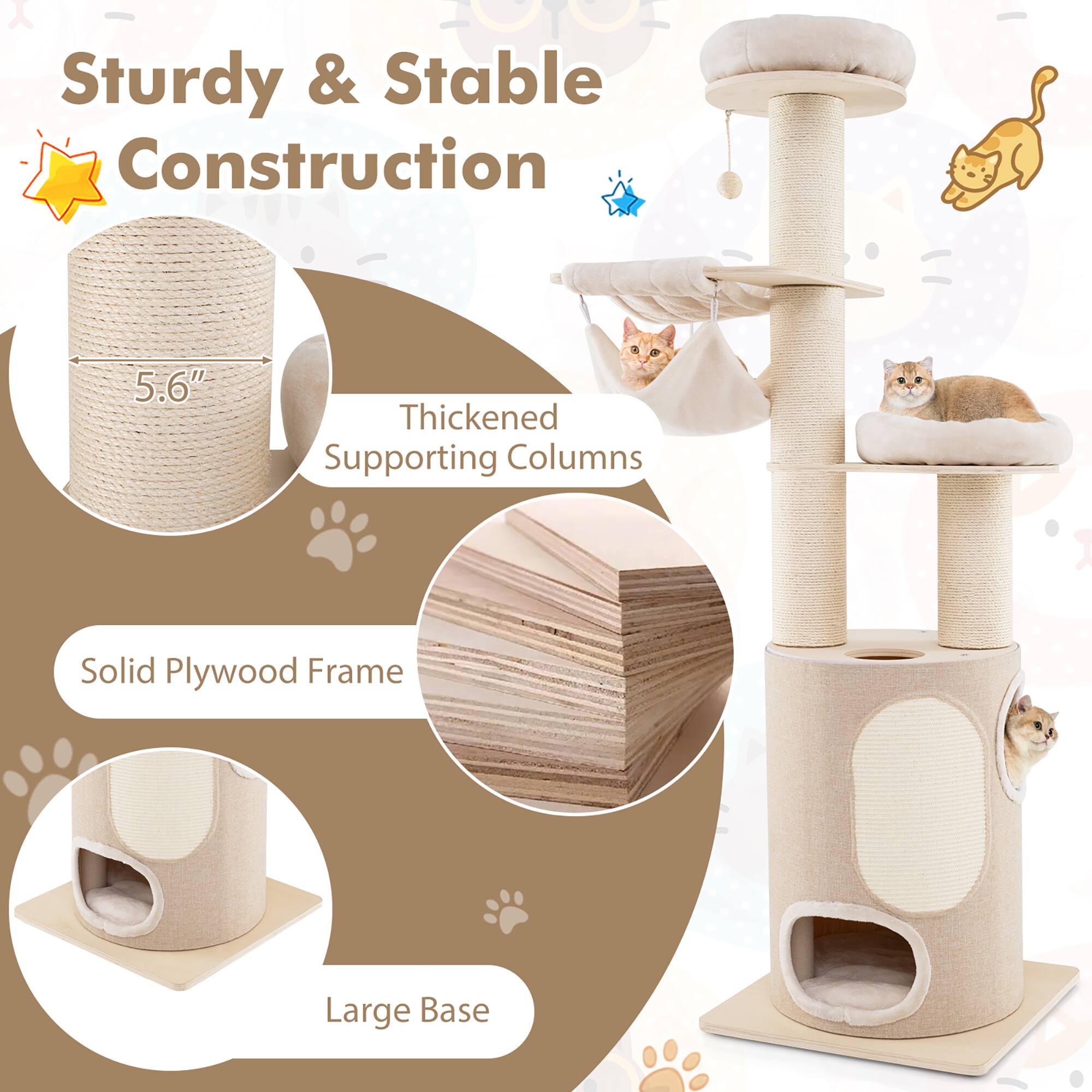 Sturdy & Stable Construction

- 5.6" Thickened Supporting Columns
- Solid Plywood Frame
- Large Base