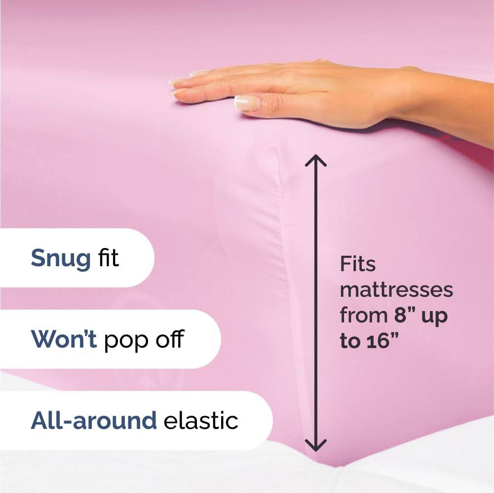- Snug fit
- Won't pop off
- Fits mattresses from 8" up to 16"
- All-around elastic